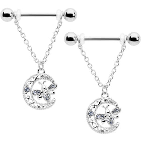 14G 9/16 Clear Gem Lunar Dragonfly Chain Dangle Nipple Ring Set