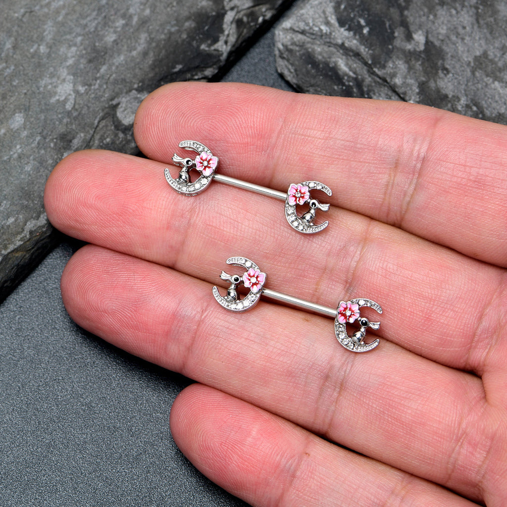 BodyCandy 14G 9/16 Clear Gem Rabbit On Moon Flower Pink Nipple Ring Set — lifestyle context