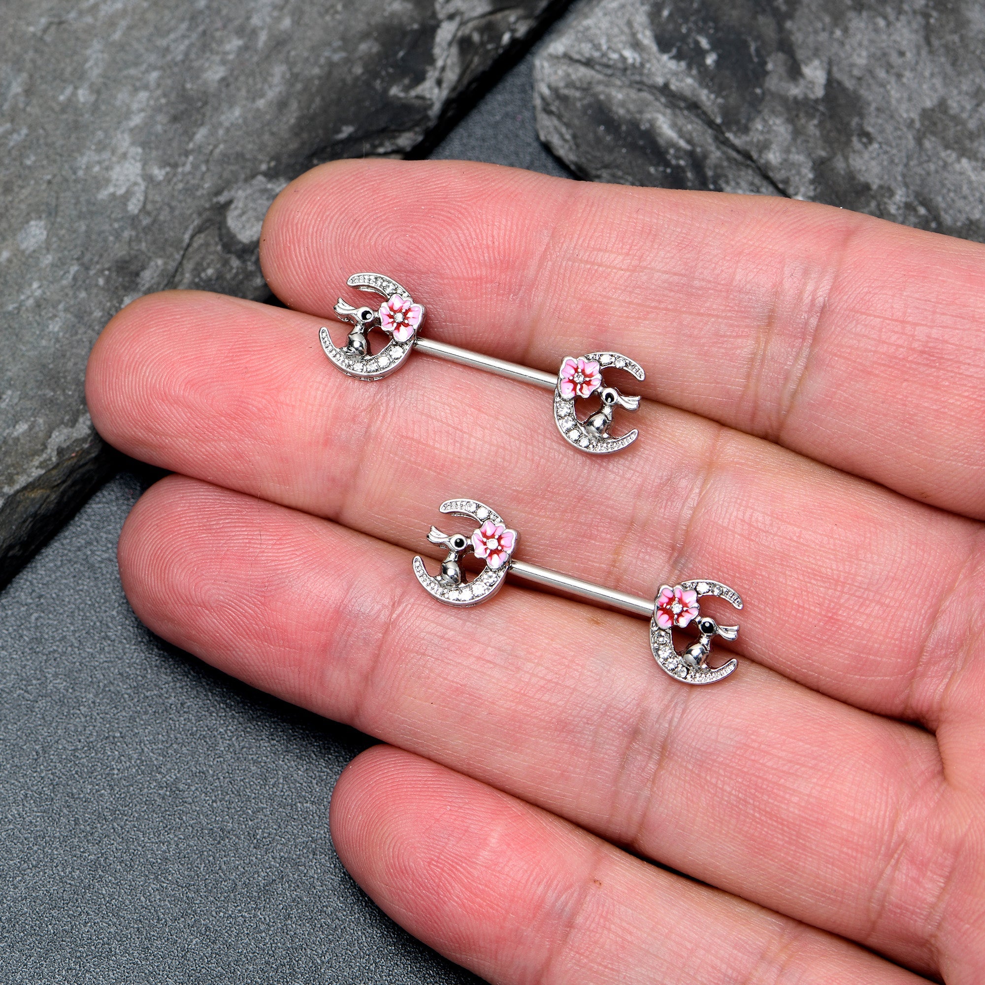 BodyCandy 14G 9/16 Clear Gem Rabbit On Moon Flower Pink Nipple Ring Set — lifestyle context