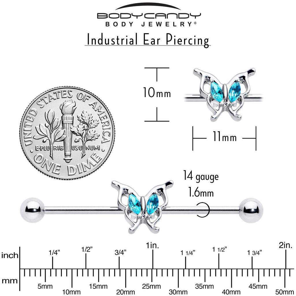 BodyCandy 14G Blue Gem Fancy Fab Butterfly Industrial Barbell 38mm — in-use photo