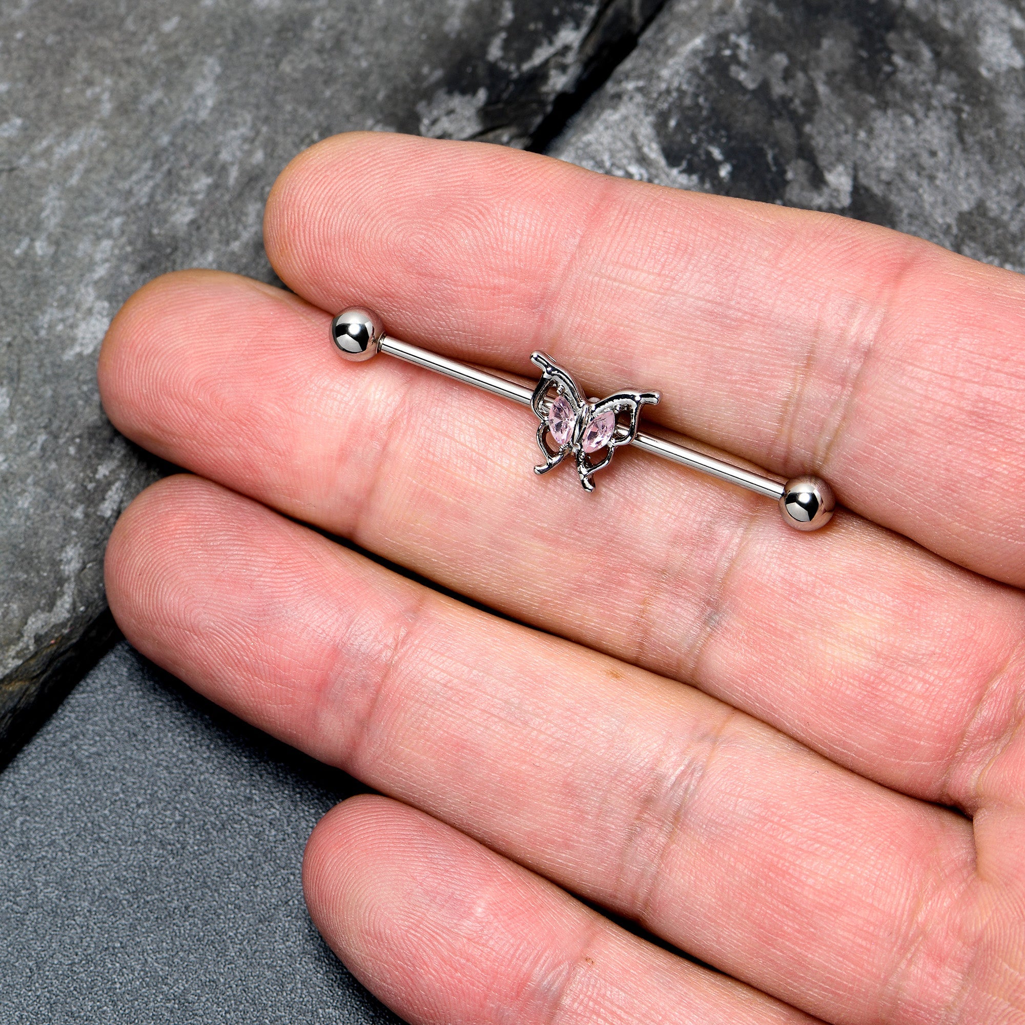 BodyCandy 14G Pink Gem Fancy Fab Butterfly Industrial Barbell 38mm — side view