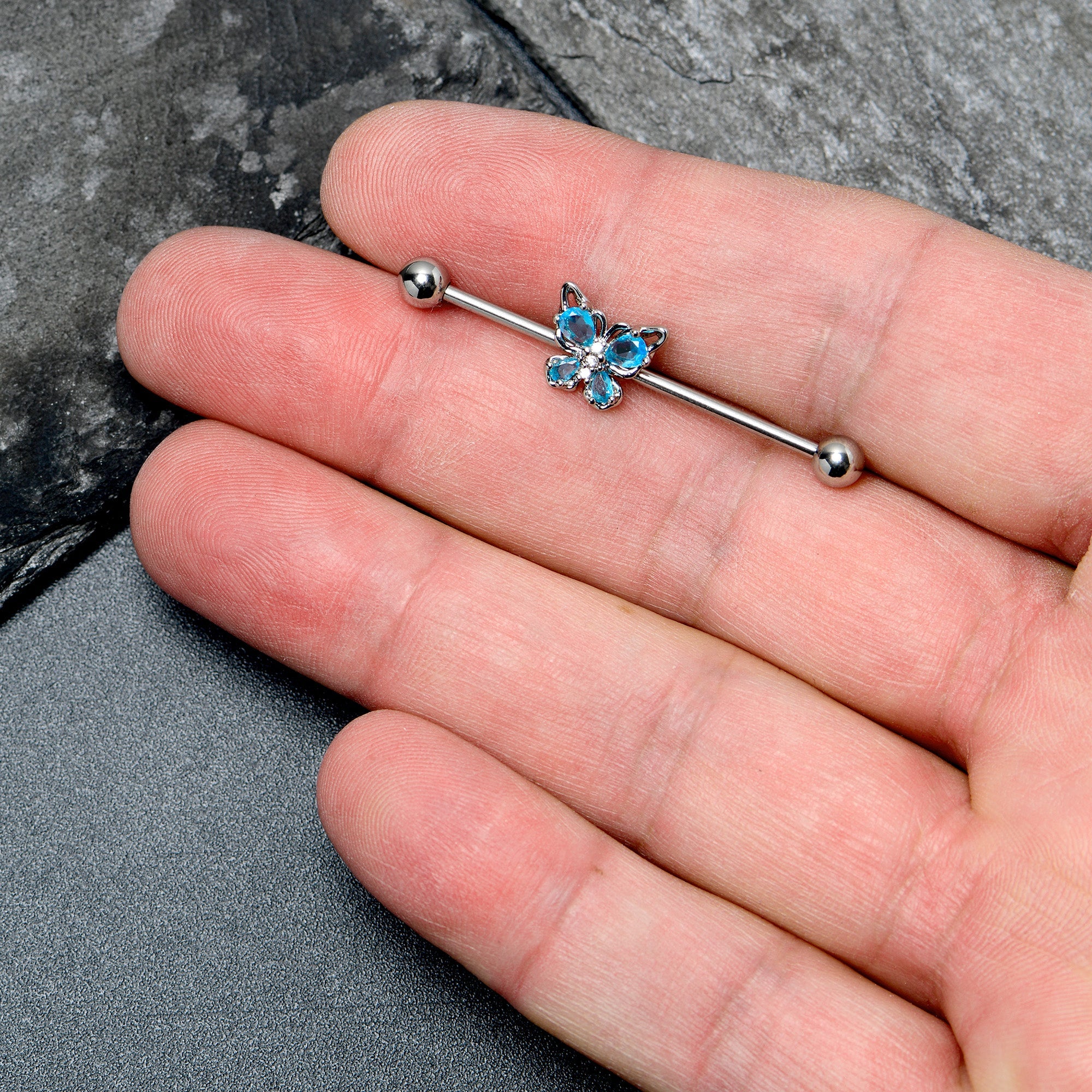BodyCandy 14G Blue Gem Baroque Beauty Butterfly Industrial Barbell 38mm — lifestyle context