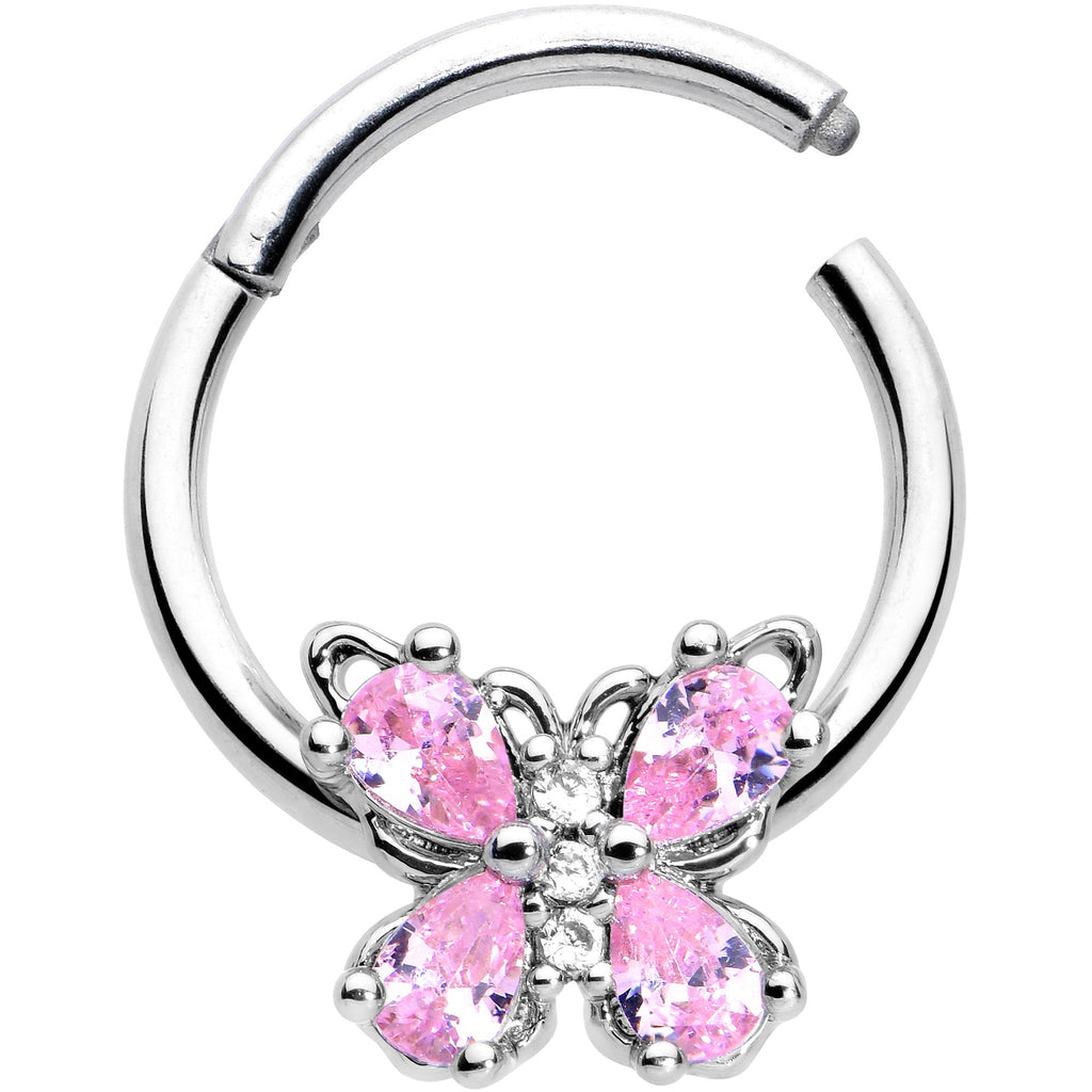 BodyCandy 16G 3/8 Pink Gem Baroque Beauty Butterfly Hinged Segment Ring — detail close-up