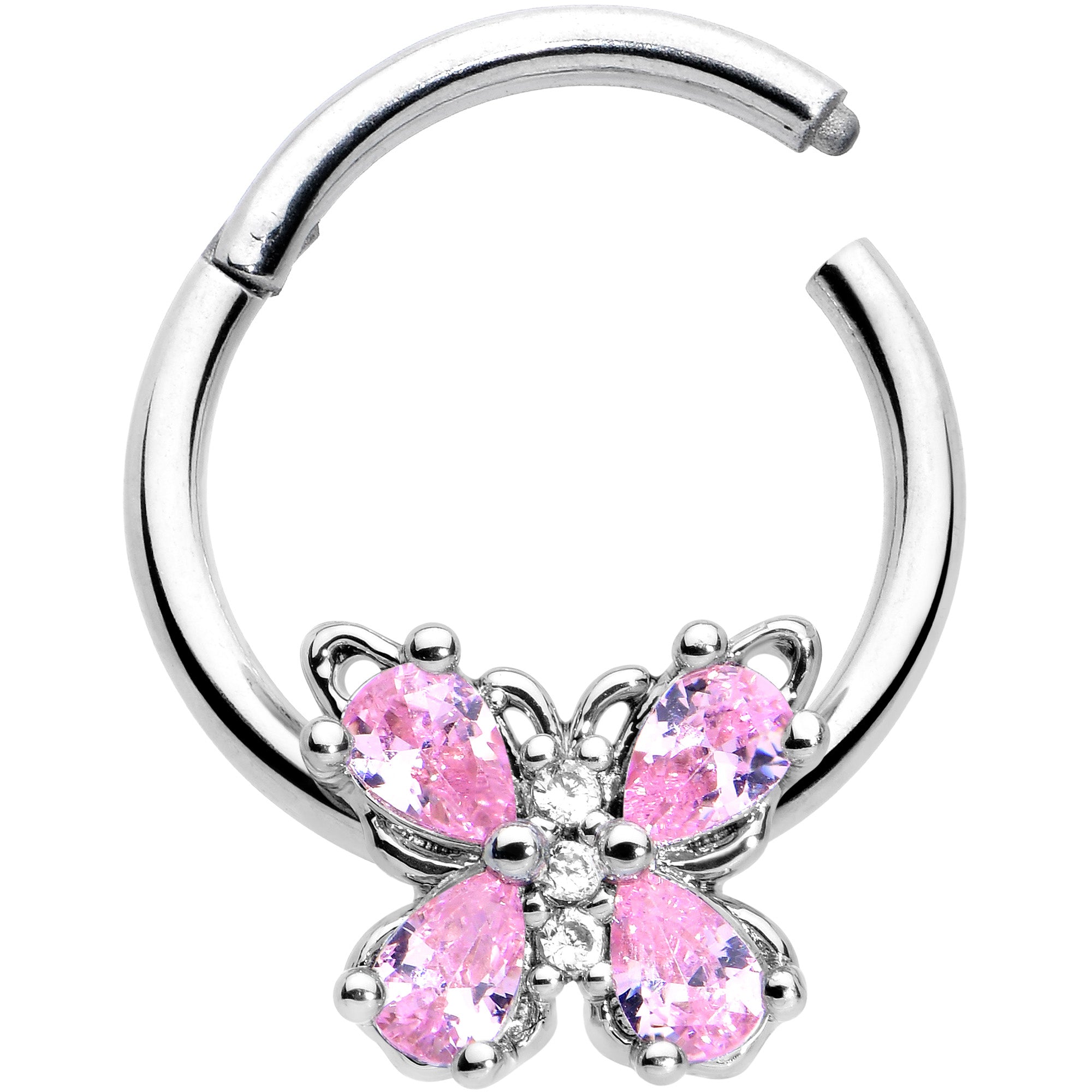 BodyCandy 16G 3/8 Pink Gem Baroque Beauty Butterfly Hinged Segment Ring — detail close-up