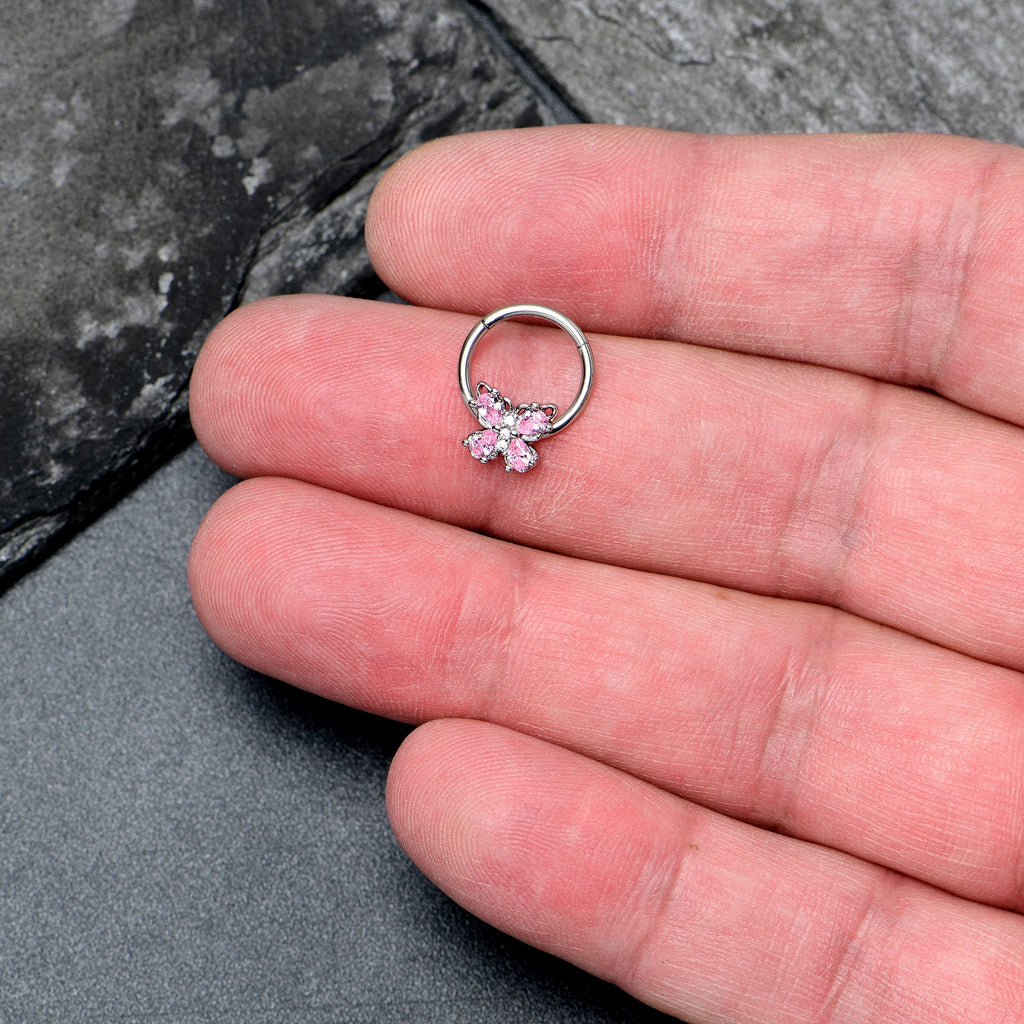 BodyCandy 16G 3/8 Pink Gem Baroque Beauty Butterfly Hinged Segment Ring — lifestyle context
