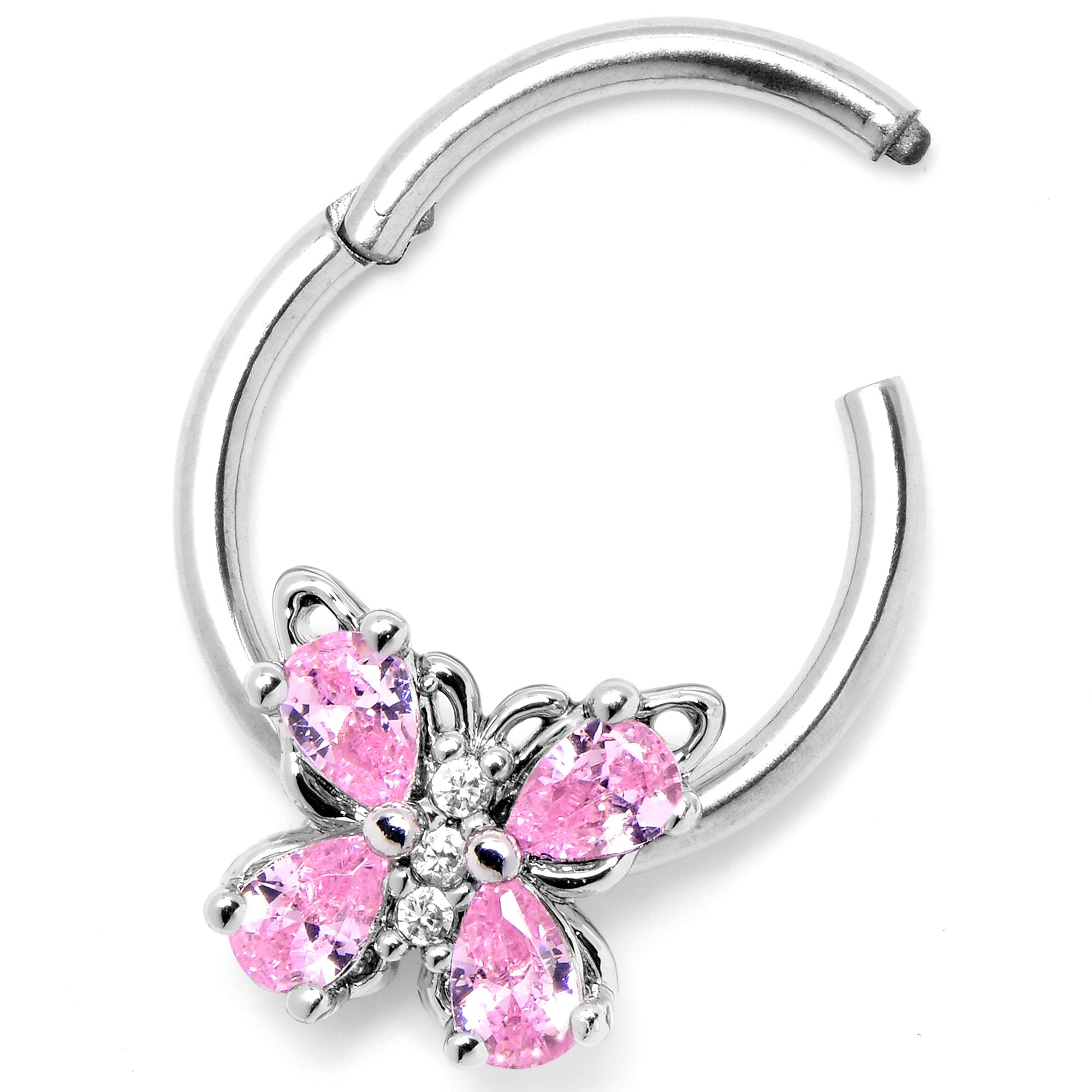 BodyCandy 16G 3/8 Pink Gem Baroque Beauty Butterfly Hinged Segment Ring — side view