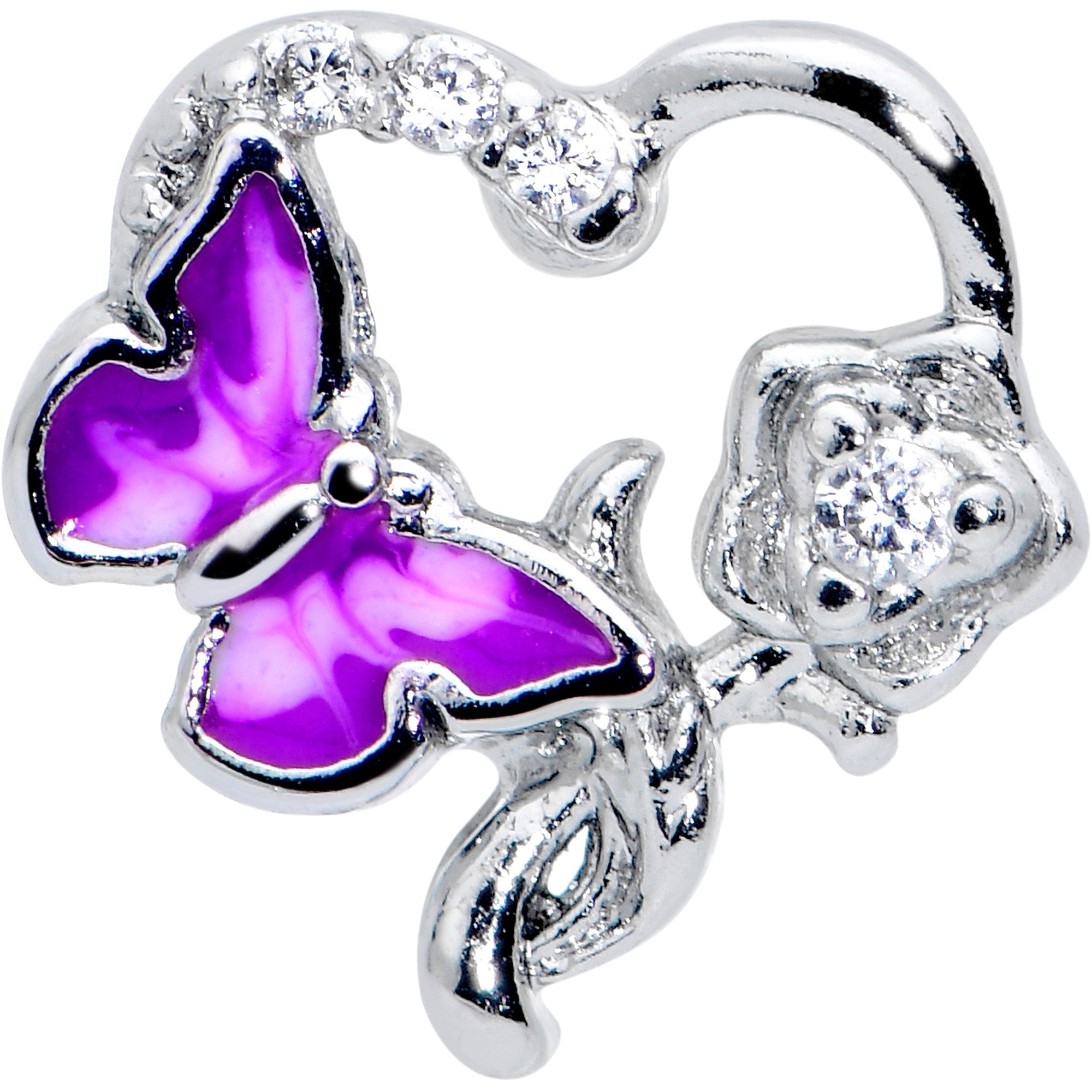 BodyCandy 16G 1/4 Clear CZ Gem Butterfly Flower Purple Cartilage Earring — detail close-up
