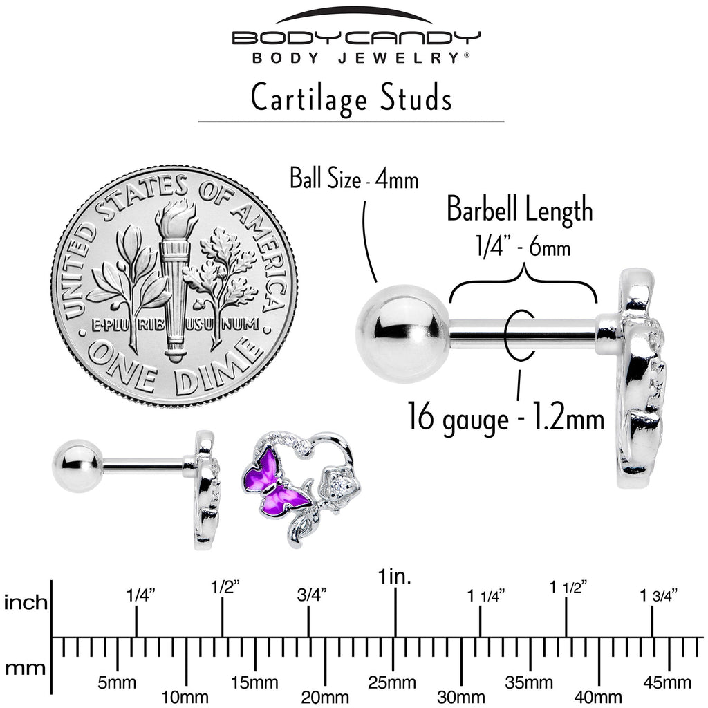 BodyCandy 16G 1/4 Clear CZ Gem Butterfly Flower Purple Cartilage Earring — in-use photo