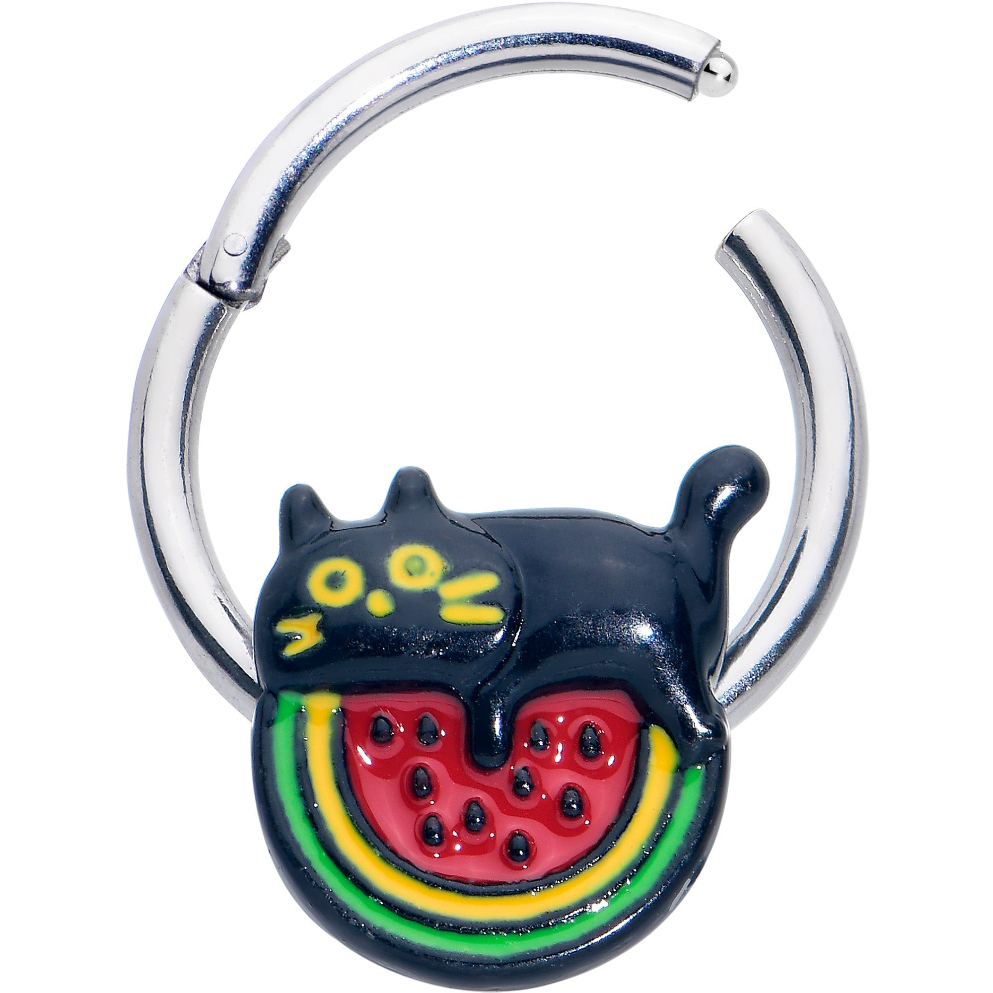 BodyCandy 16G 3/8 Watermelon Cat Love Hinged Segment Ring — detail close-up