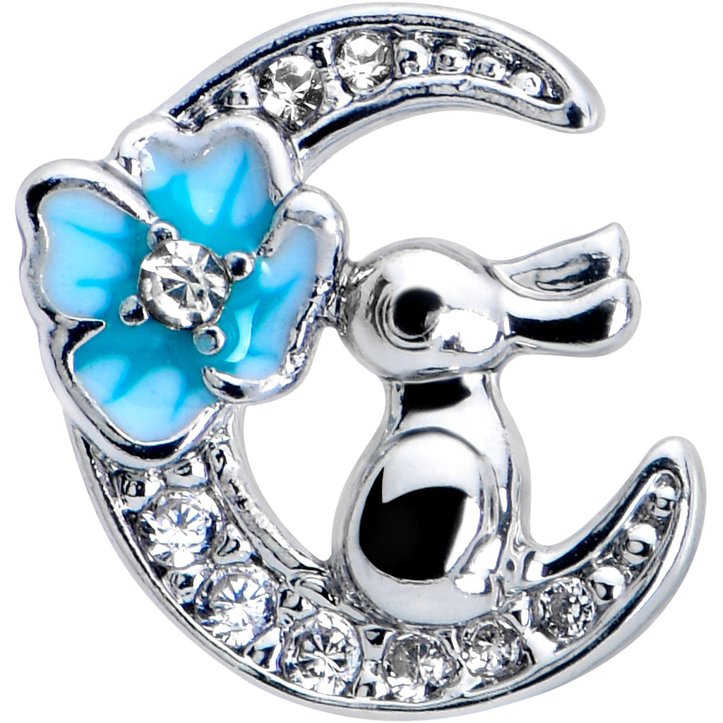 BodyCandy 20G 7mm Clear CZ Gem Rabbit On The Moon Blue L Shape Nose Ring — detail close-up