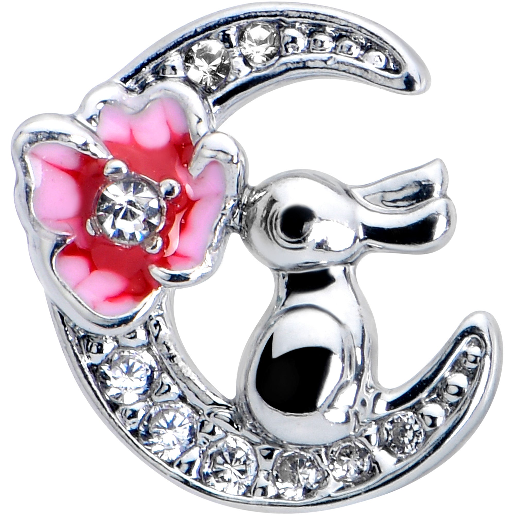BodyCandy 20G 7mm Clear CZ Gem Rabbit On The Moon Pink Left Side Nose Screw — detail close-up