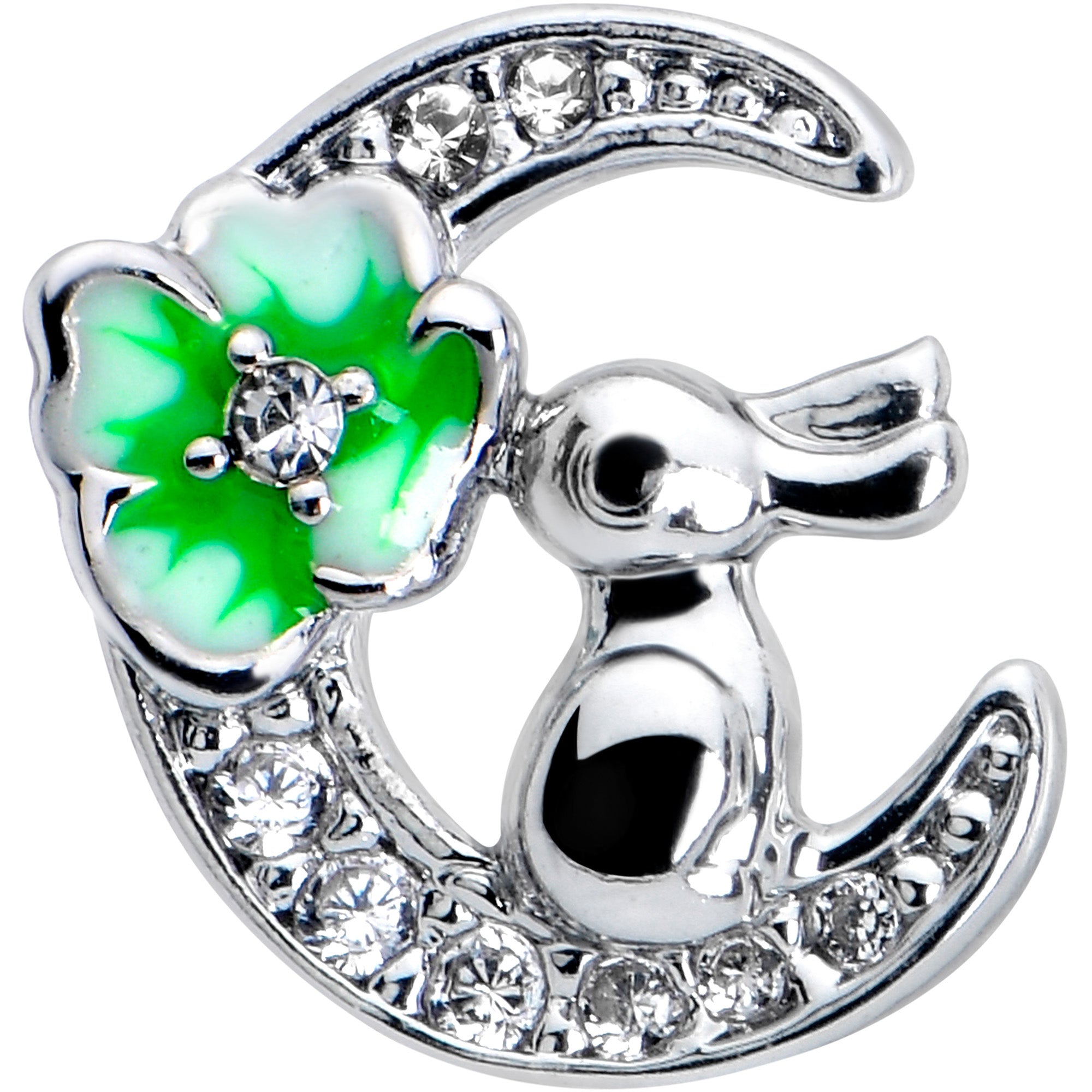 BodyCandy 20G 7mm Clear CZ Gem Rabbit On The Moon Green L Shape Nose Ring — detail close-up