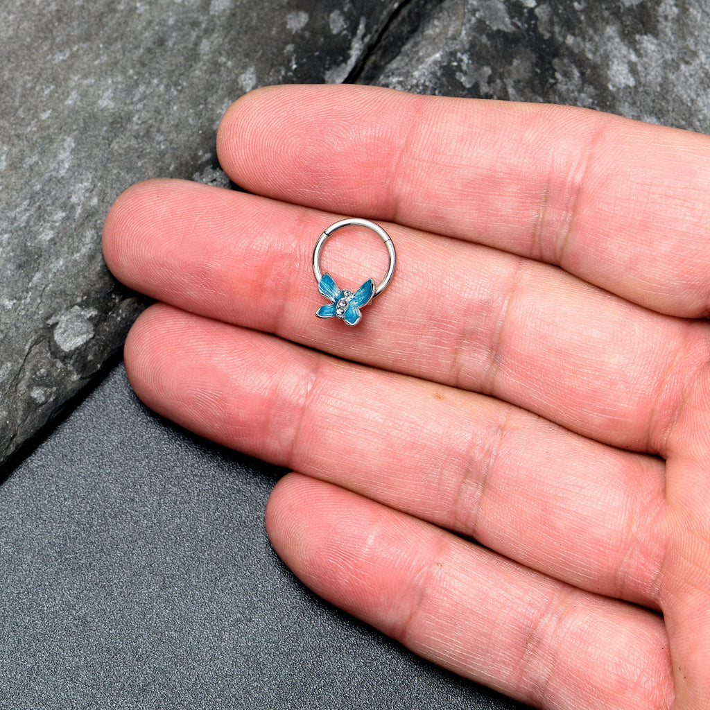 BodyCandy 16G 3/8 Clear Gem Chunky Butterfly Blue Hinged Segment Ring — lifestyle context