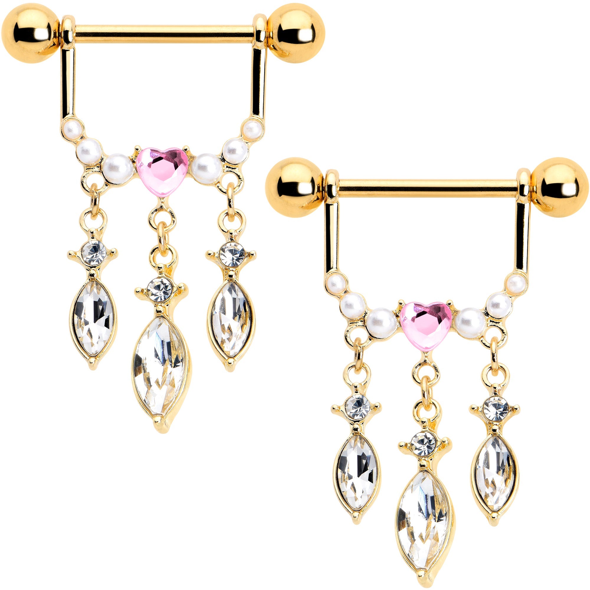 BodyCandy 14G 9/16 Pink Gem Gold Tone Heart Triple Dangle Nipple Ring Set — main product shot