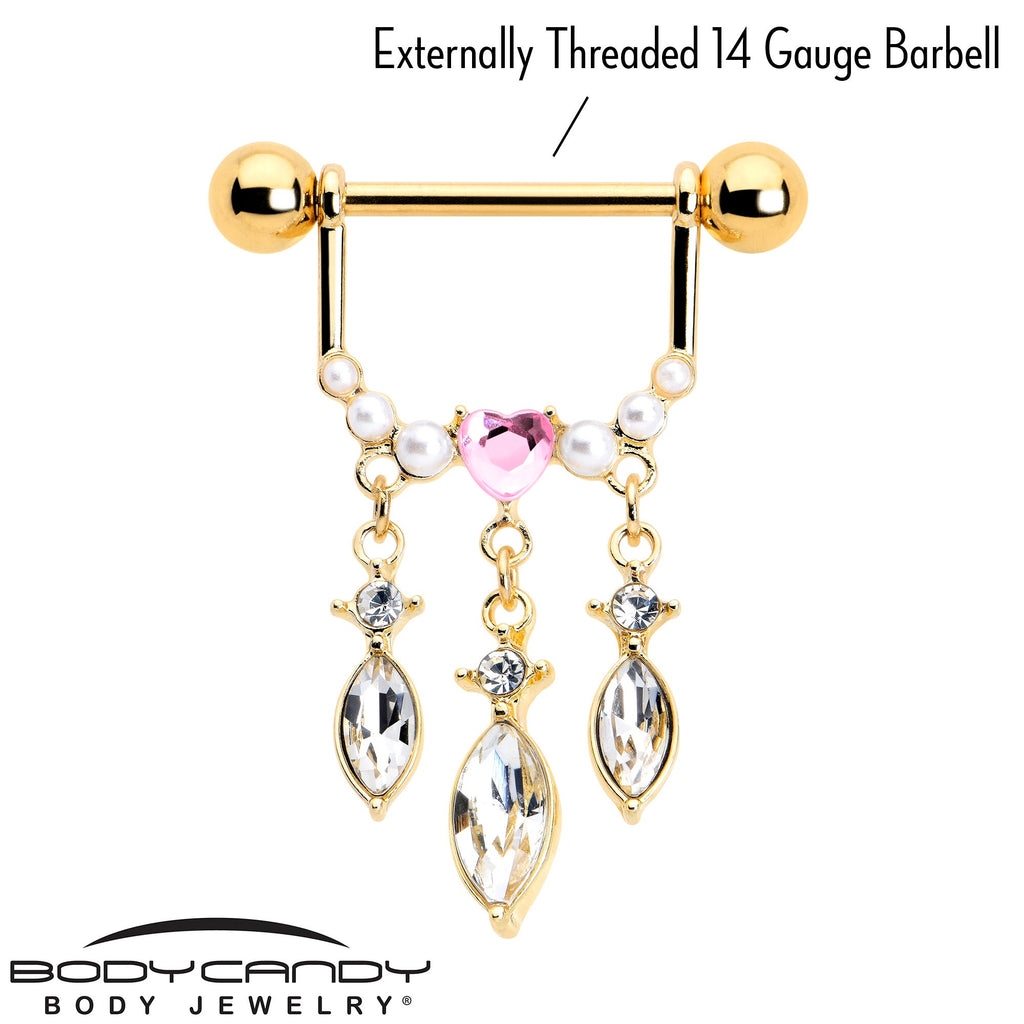 BodyCandy 14G 9/16 Pink Gem Gold Tone Heart Triple Dangle Nipple Ring Set — side view