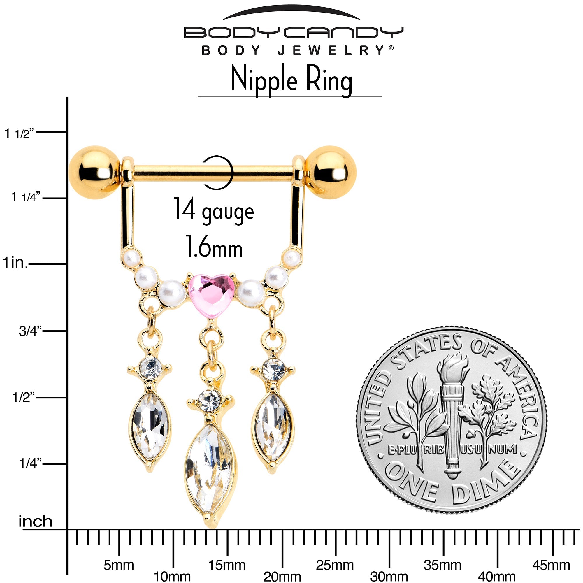 BodyCandy 14G 9/16 Pink Gem Gold Tone Heart Triple Dangle Nipple Ring Set — back view