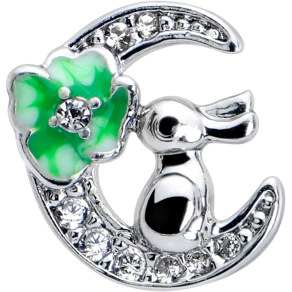 BodyCandy 16G 1/4 Clear CZ Gem Rabbit on the Moon Green Cartilage Earring — detail close-up