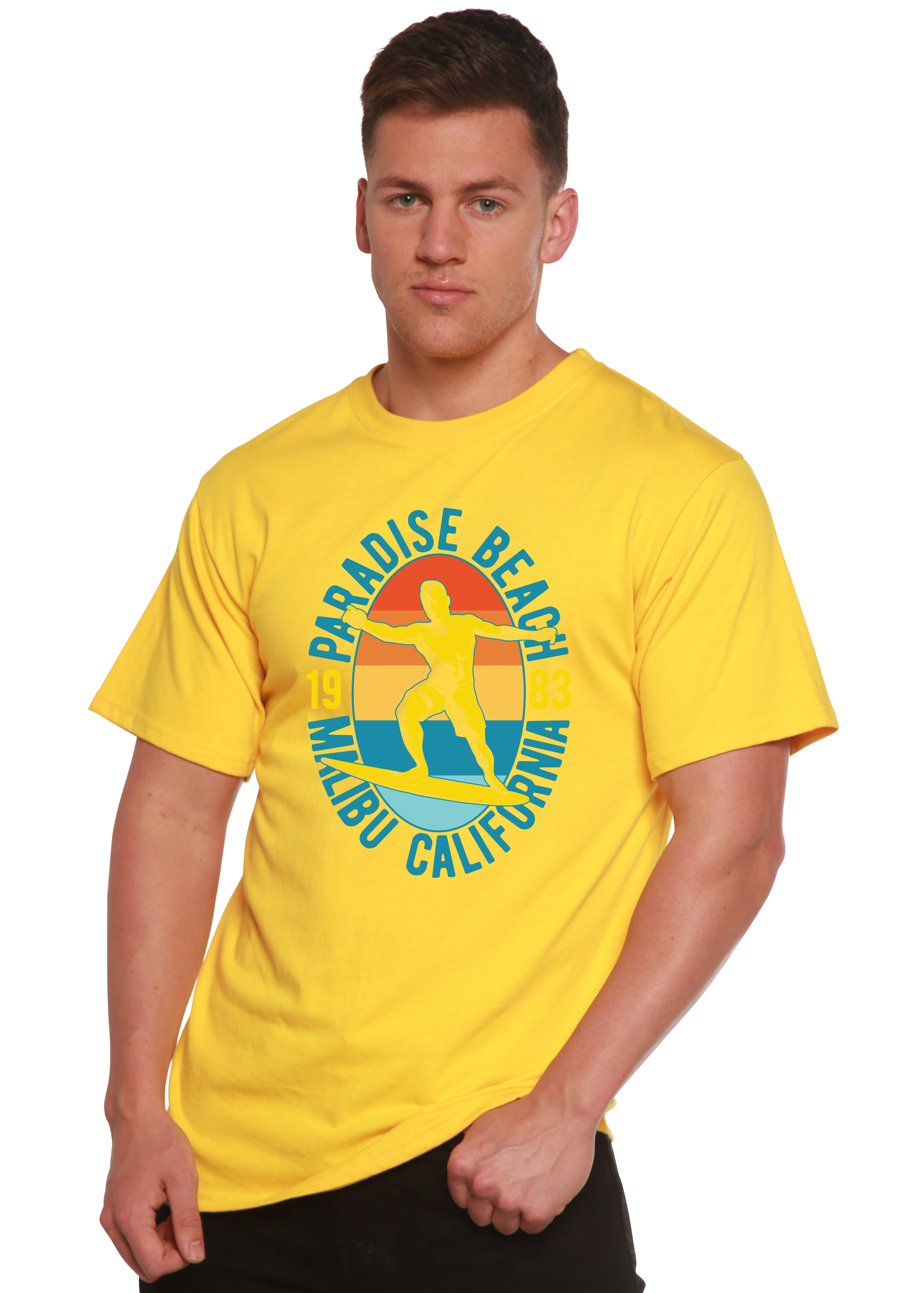 Spun Bamboo Paradise Beach 1983 Men's Bamboo Viscose/Organic Cotton Short Sleeve Graphic T-Shirt — color detail