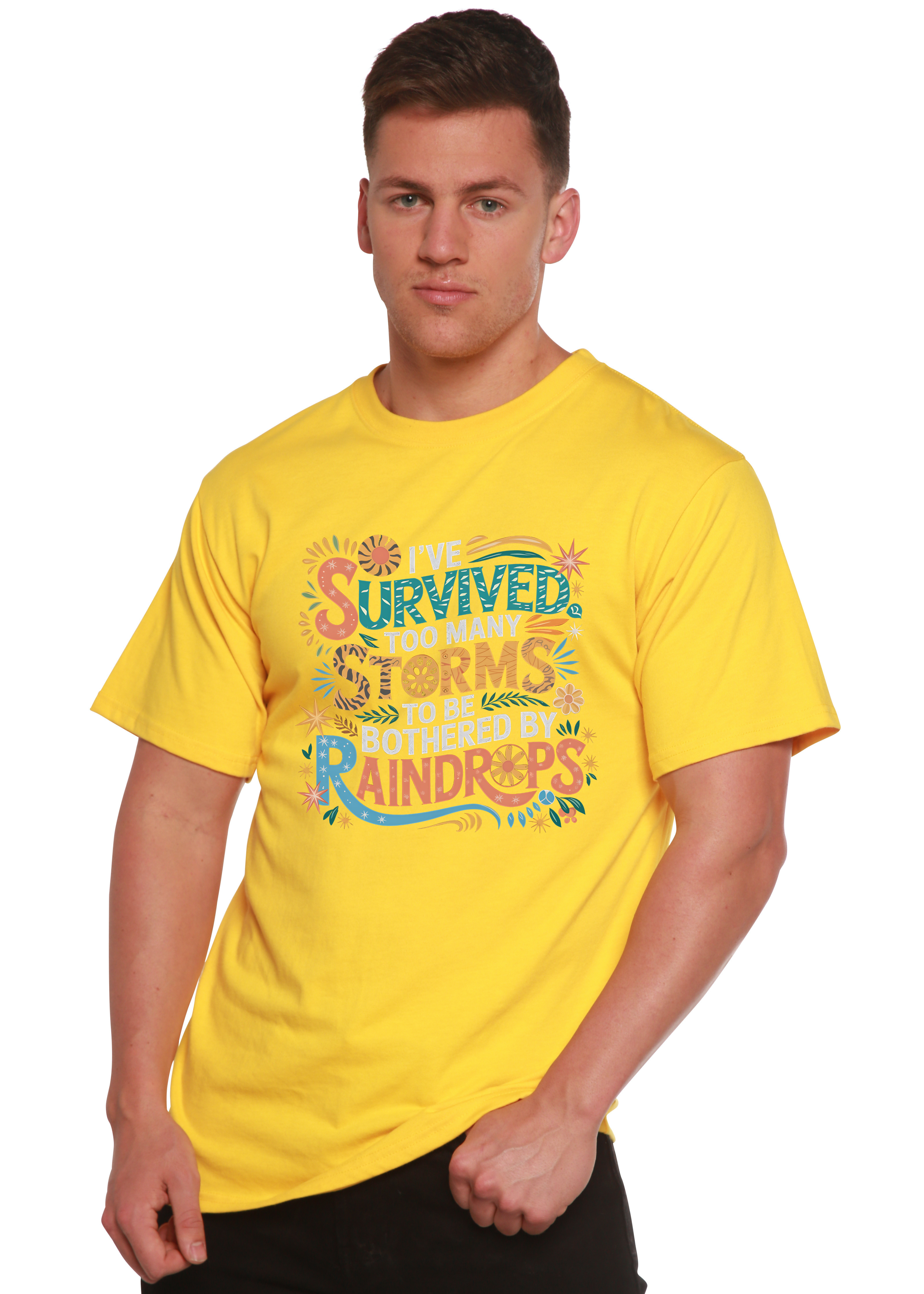Spun Bamboo I've Survived Too Many Storms to Be Both Unisex Bamboo/Cotton Graphic T-Shirt — size reference