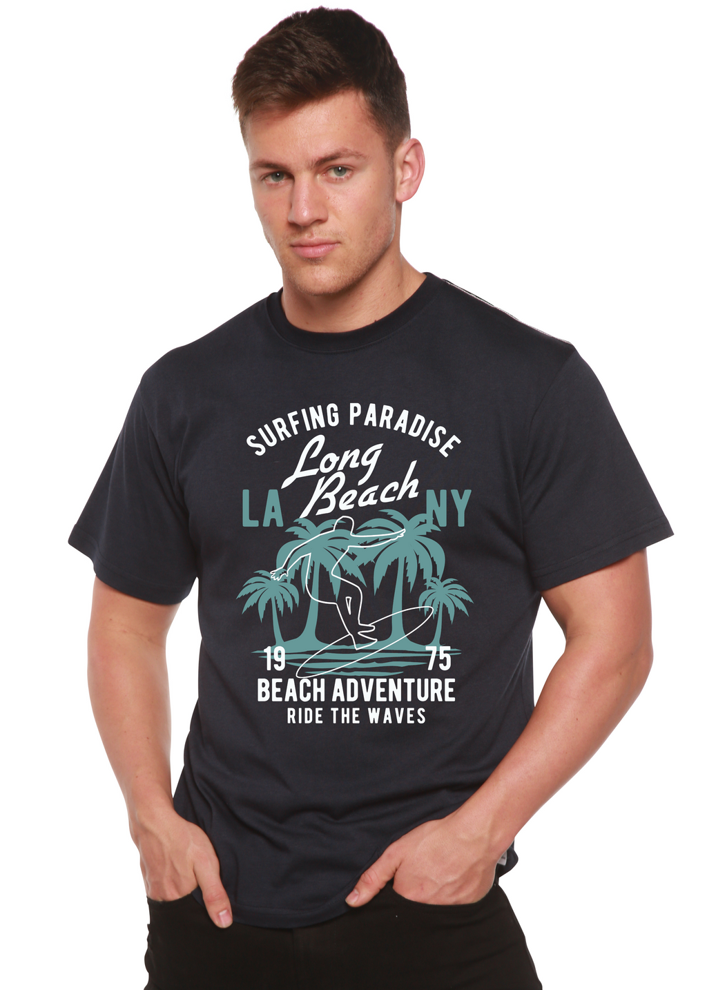 Spun Bamboo Beach Adventure Men's Bamboo Viscose/Organic Cotton Short Sleeve Graphic T-Shirt — detail close-up