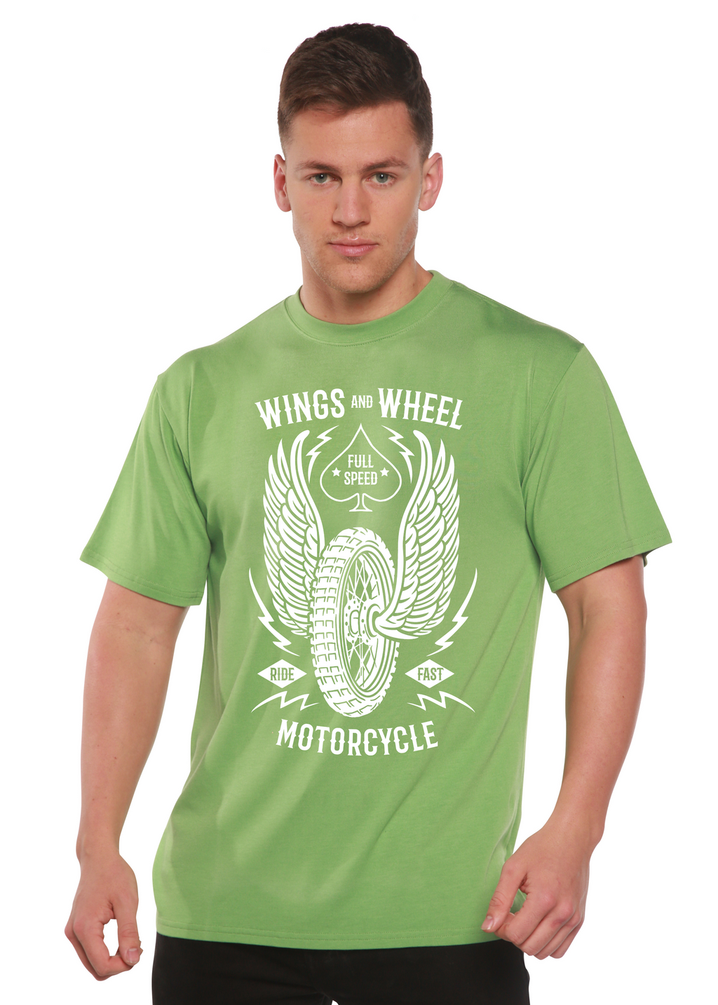 Spun Bamboo Wings And Wheel Spun Bamboo® Men's Bamboo Viscose/Organic Cotton Short Sleeve Graphic T-Shirt — in-use photo