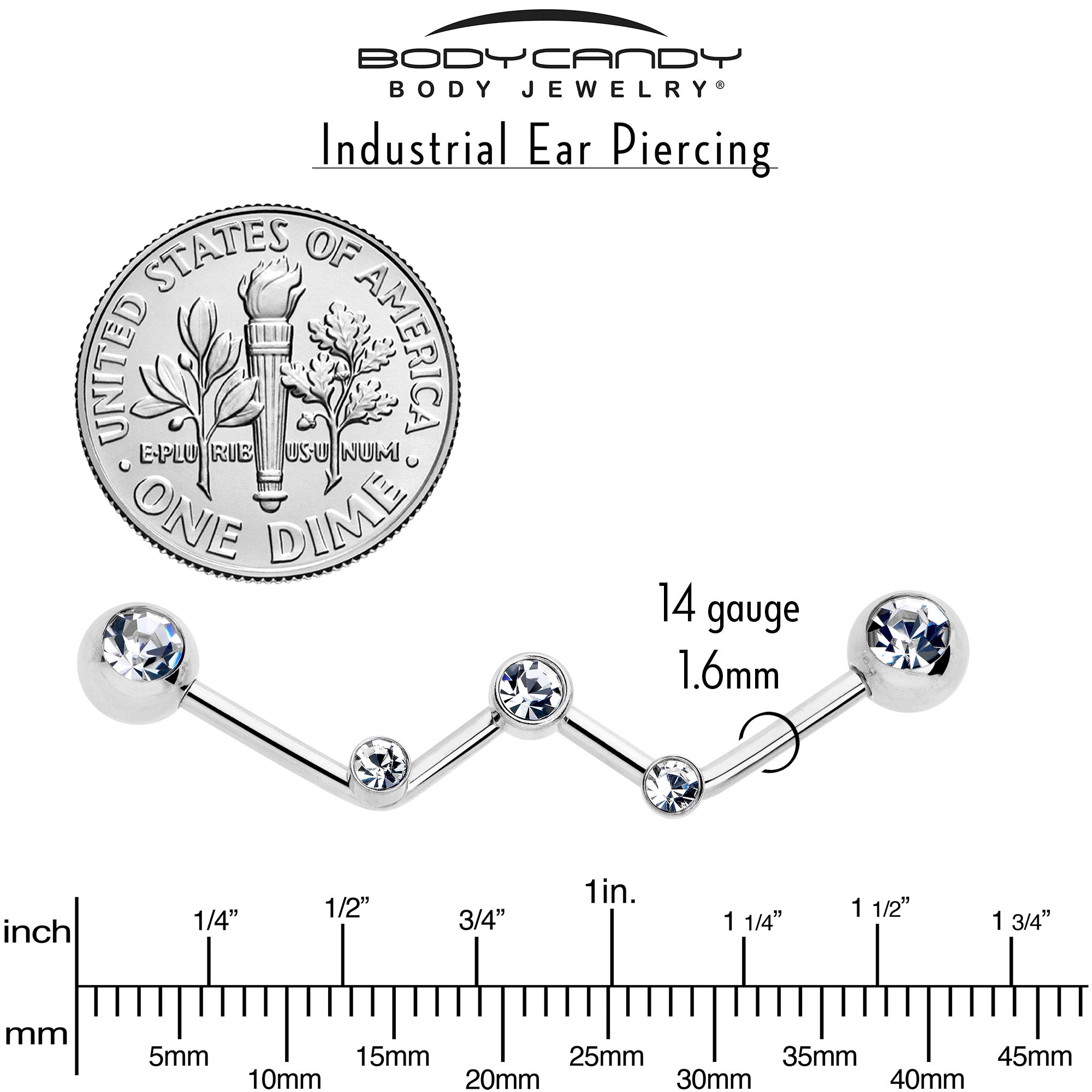 BodyCandy 14G Clear Gem Constellation Style Project Bar 32mm — side view