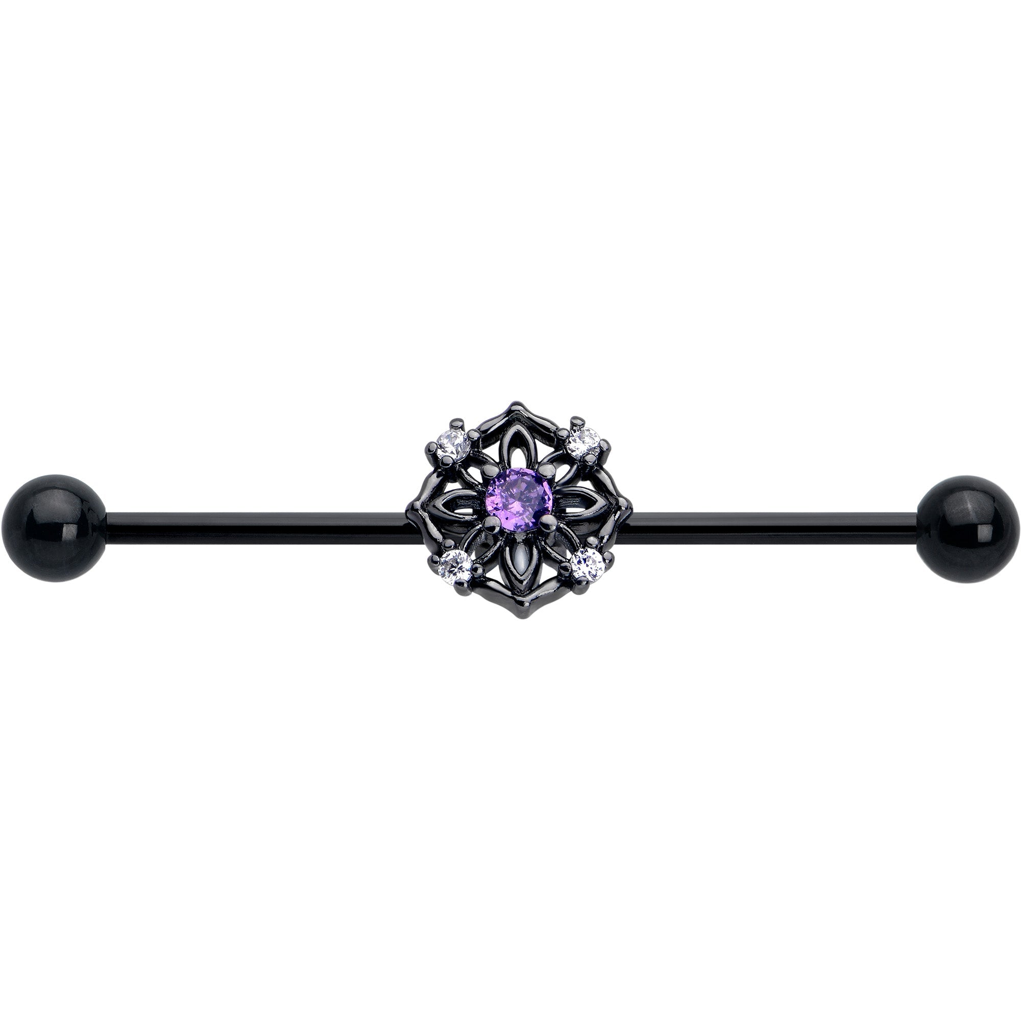 BodyCandy 14G Purple CZ Gem Black Flower Ring Industrial Barbell 38mm — lifestyle context