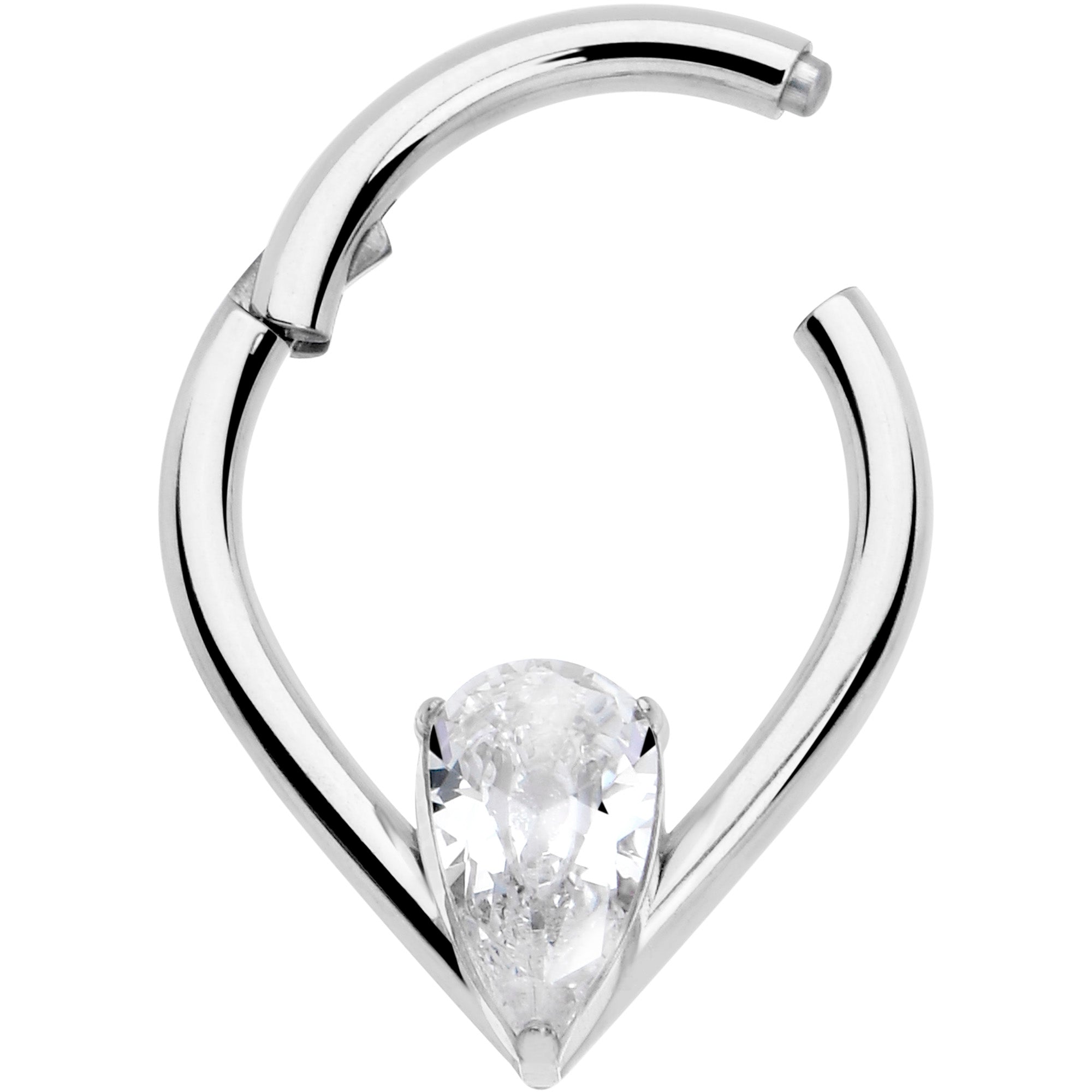BodyCandy 16G CZ Stainless Steel Hinged Segment Ring with Gem Teardrop — detail close-up