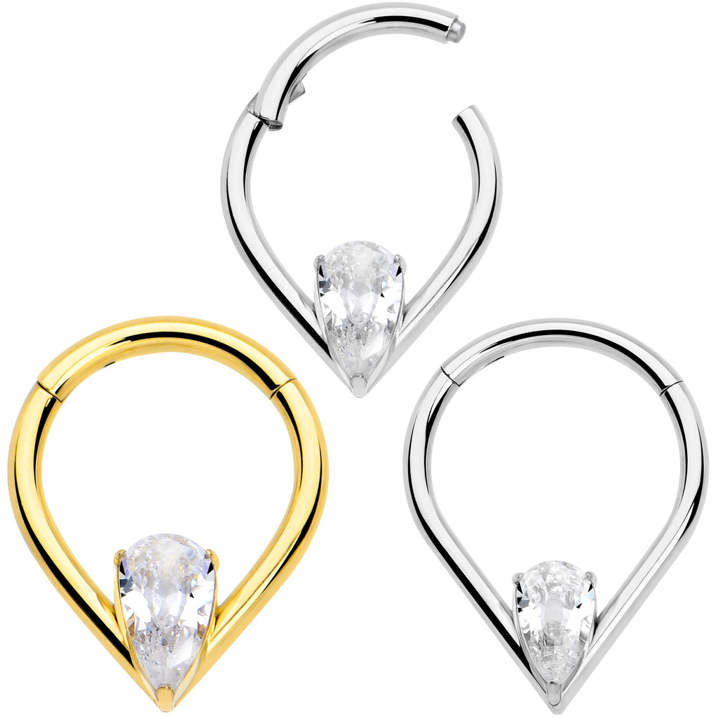 BodyCandy 16G CZ Stainless Steel Hinged Segment Ring with Gem Teardrop — main product shot
