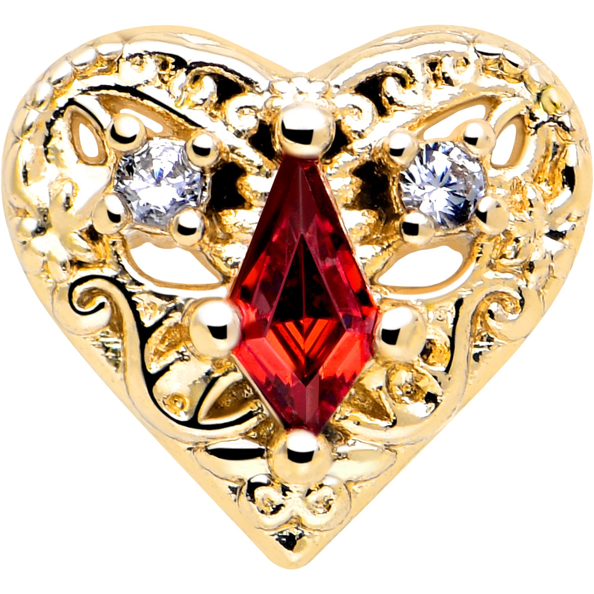 BodyCandy 16G 1/4 Red CZ Gem Gold Tone Heart Queen Flatback Stud — lifestyle context