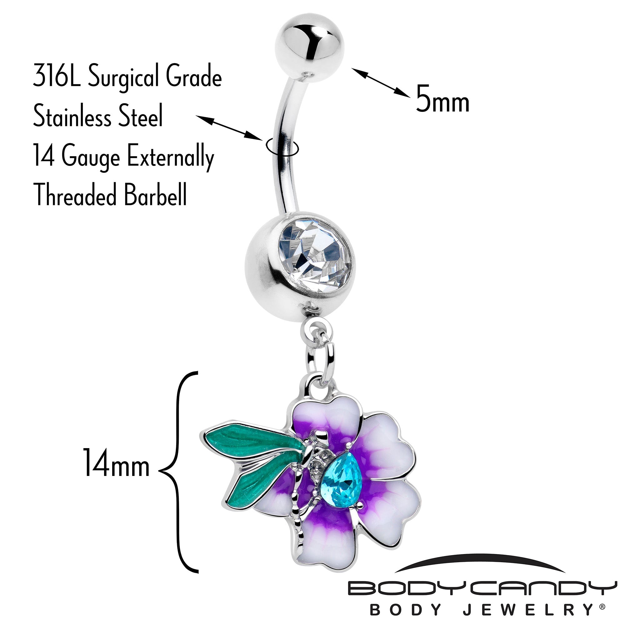 BodyCandy Blue Gem Faerie Flower Purple Dangle Belly Ring — detail close-up