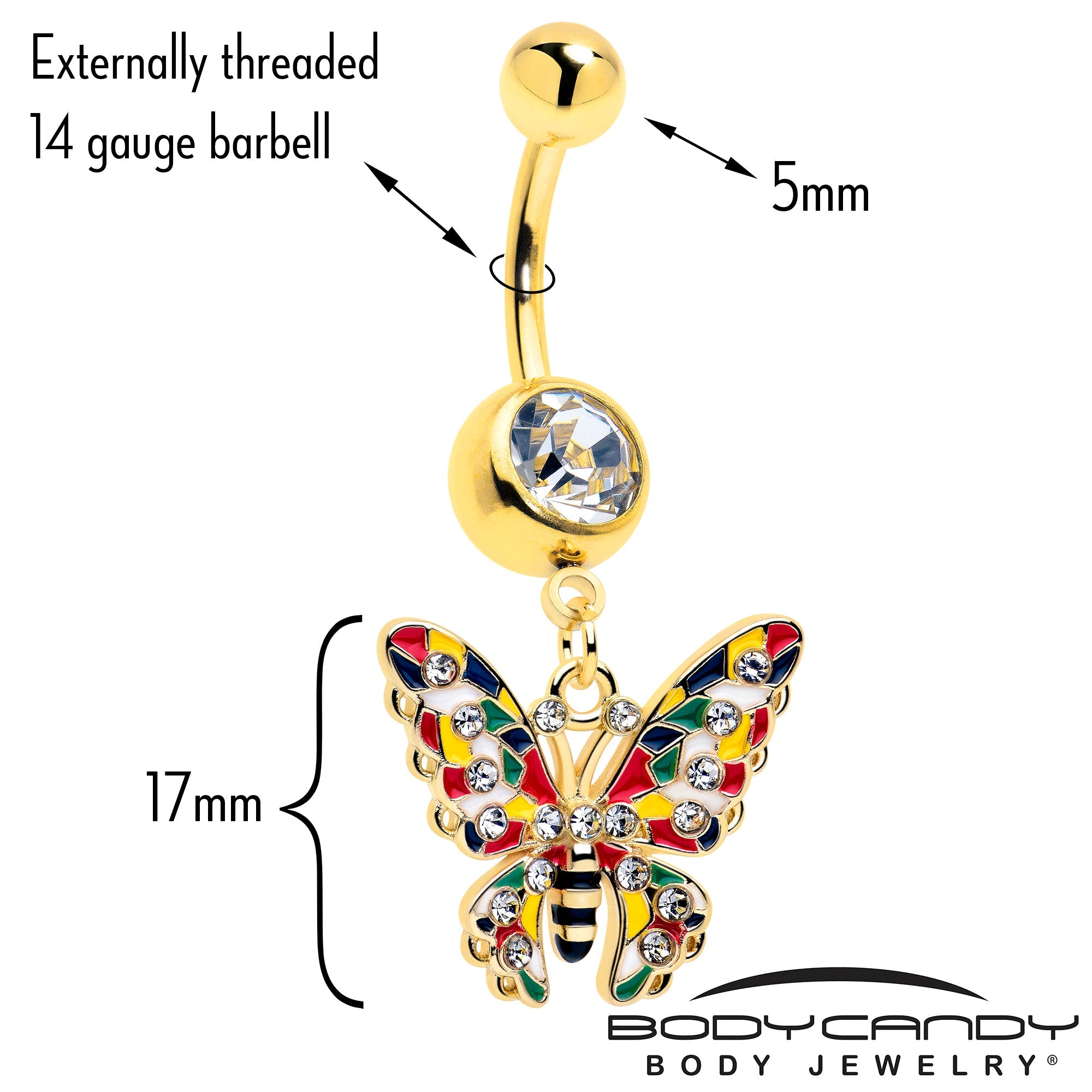 BodyCandy Clear Gem Gold Tone Color Block Butterfly Dangle Belly Ring — detail close-up