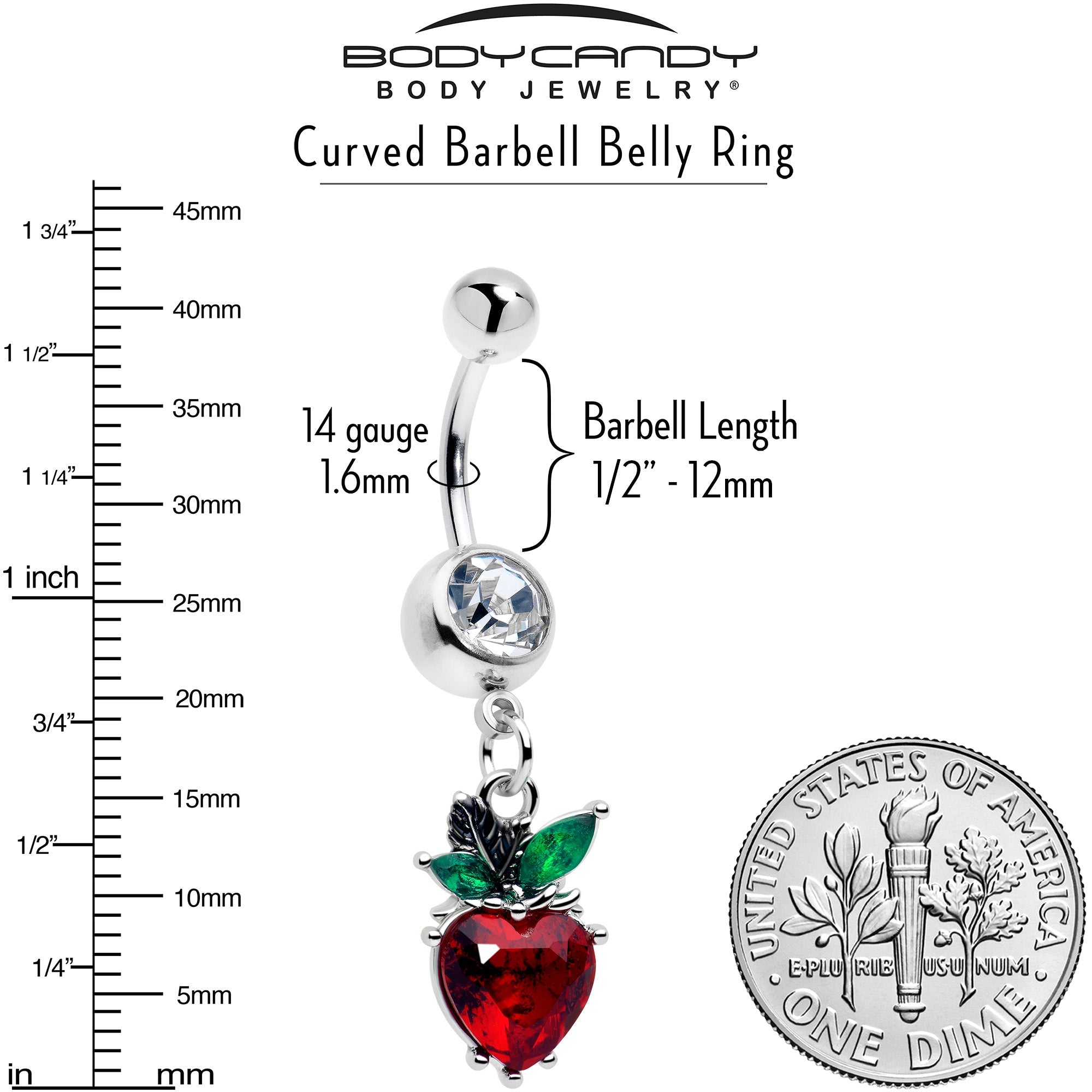 BodyCandy Clear Red Green Gem Strawberry Heart Dangle Belly Ring — lifestyle context