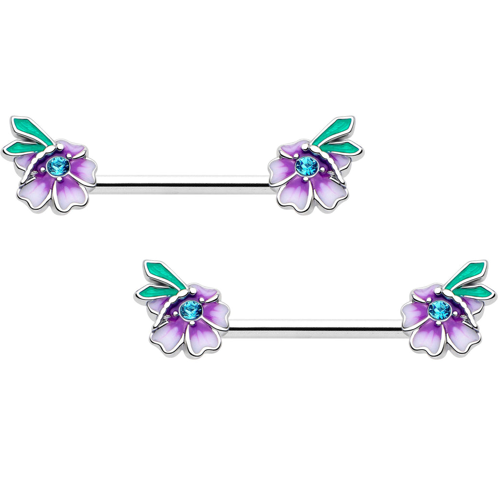 BodyCandy 14G 9/16 Blue Gem Faerie Flower Purple Barbell Nipple Ring Set — main product shot