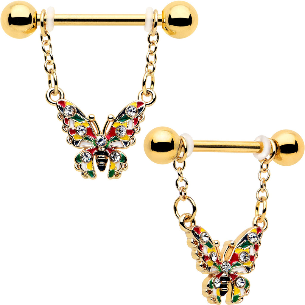 BodyCandy 14G 9/16 Clear Gem Gold Tone Color Block Butterfly Dangle Nipple Ring Set — main product shot