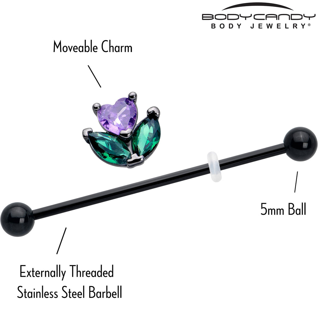 BodyCandy 14G Purple Green CZ Gem Black Love Flower Industrial Barbell 38mm — side view