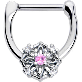 16G 5/16 Pink Clear CZ Gem Flower Circle Cartilage Clicker