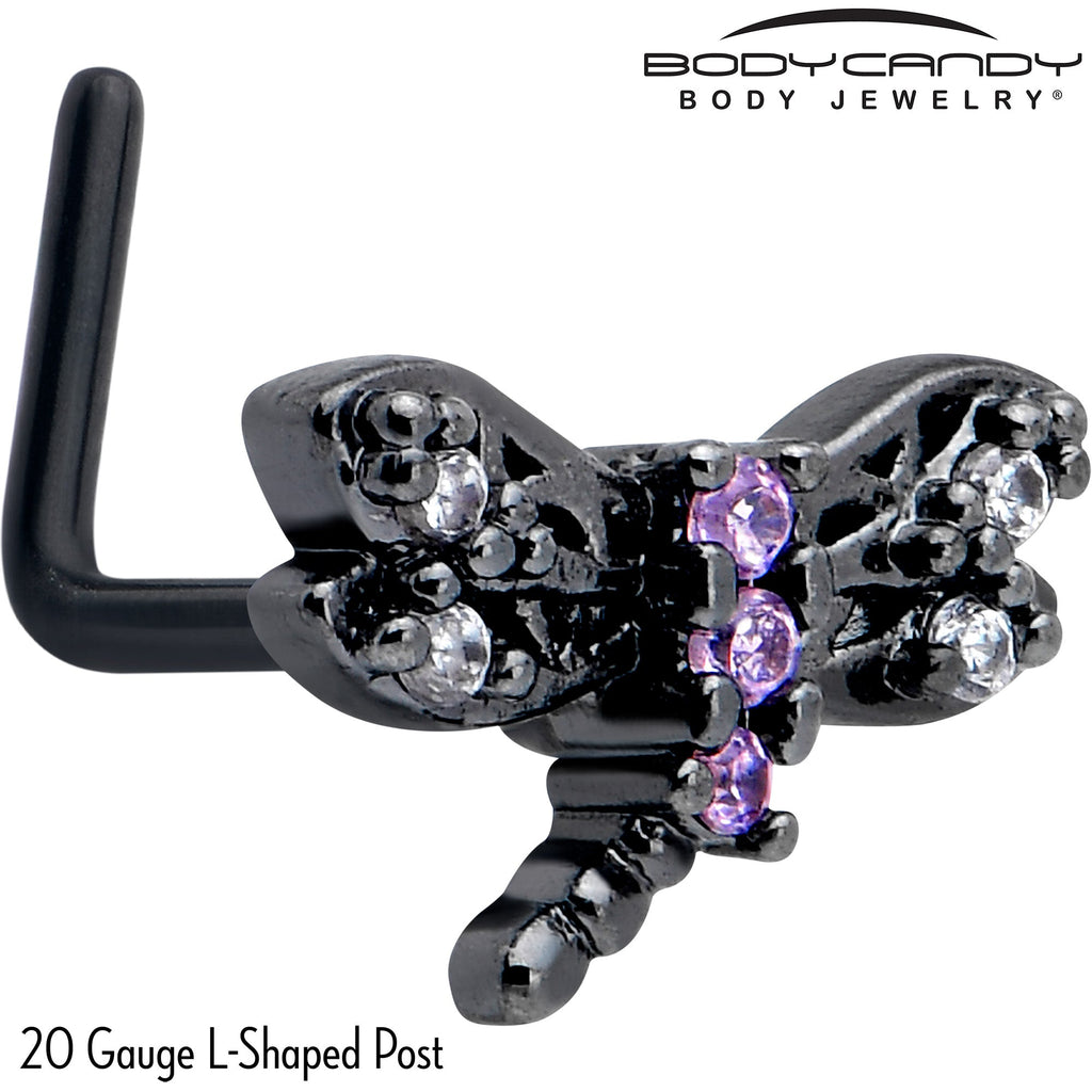 BodyCandy 20G 7mm Purple CZ Gem Black Night Dragonfly L Shape Nose Ring — detail close-up