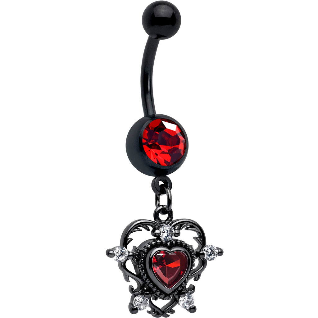 BodyCandy Red CZ Gem Black Double Heart Dangle Belly Ring — main product shot