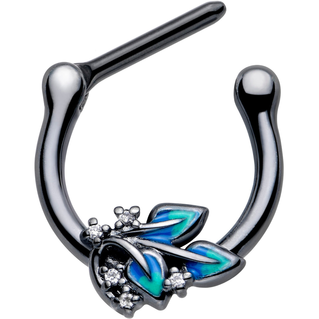BodyCandy 16G 5/16 Clear CZ Gem Black Lush Leaves Cartilage Clicker — detail close-up