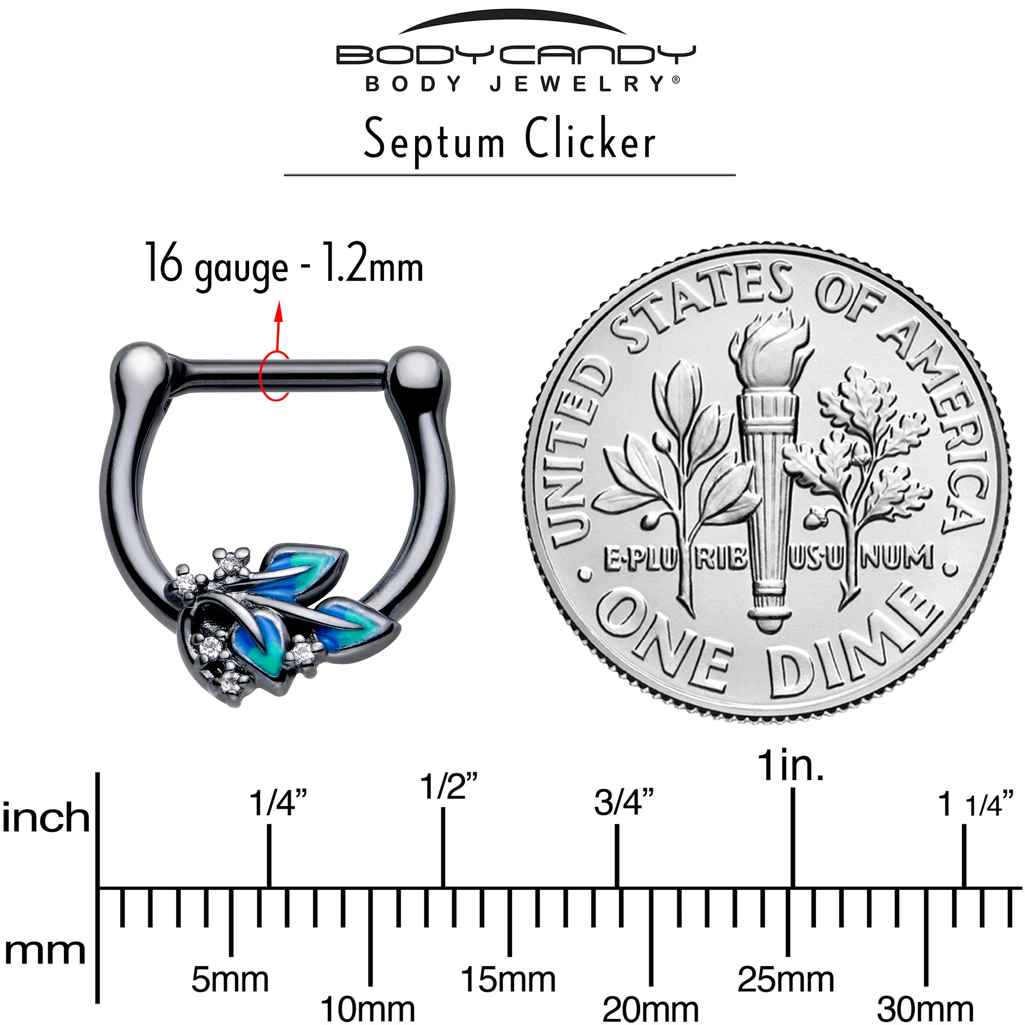 BodyCandy 16G 5/16 Clear CZ Gem Black Lush Leaves Cartilage Clicker — side view