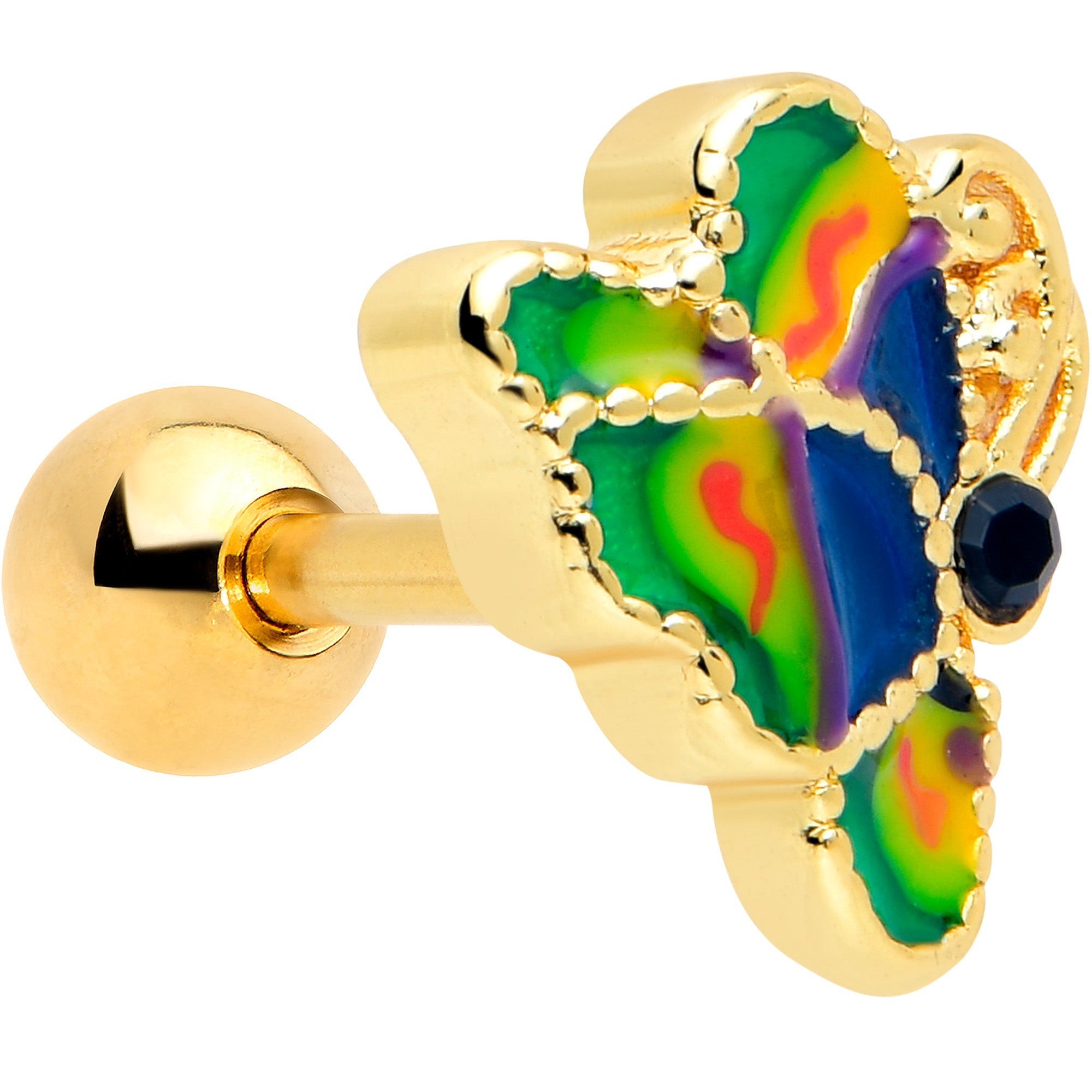 BodyCandy 16G 1/4 Blue Gem Gold Tone Butterfly Colors Cartilage Tragus Earring — main product shot