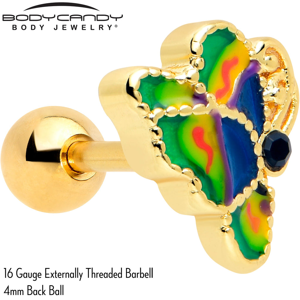 BodyCandy 16G 1/4 Blue Gem Gold Tone Butterfly Colors Cartilage Tragus Earring — detail close-up