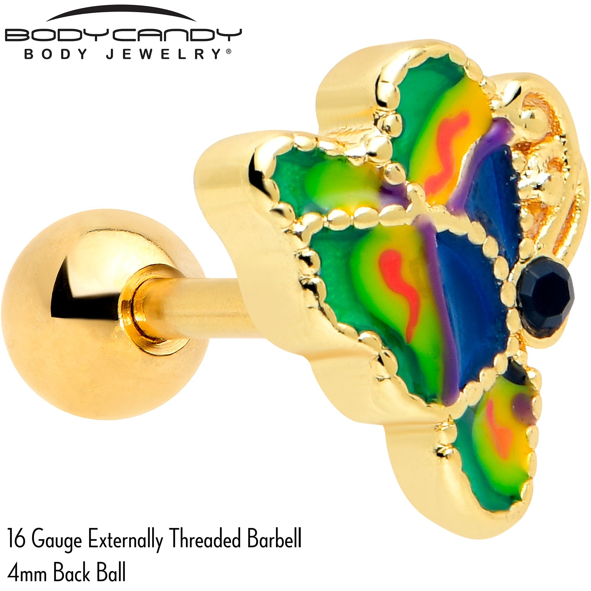 BodyCandy 16G 1/4 Blue Gem Gold Tone Butterfly Colors Cartilage Tragus Earring — detail close-up