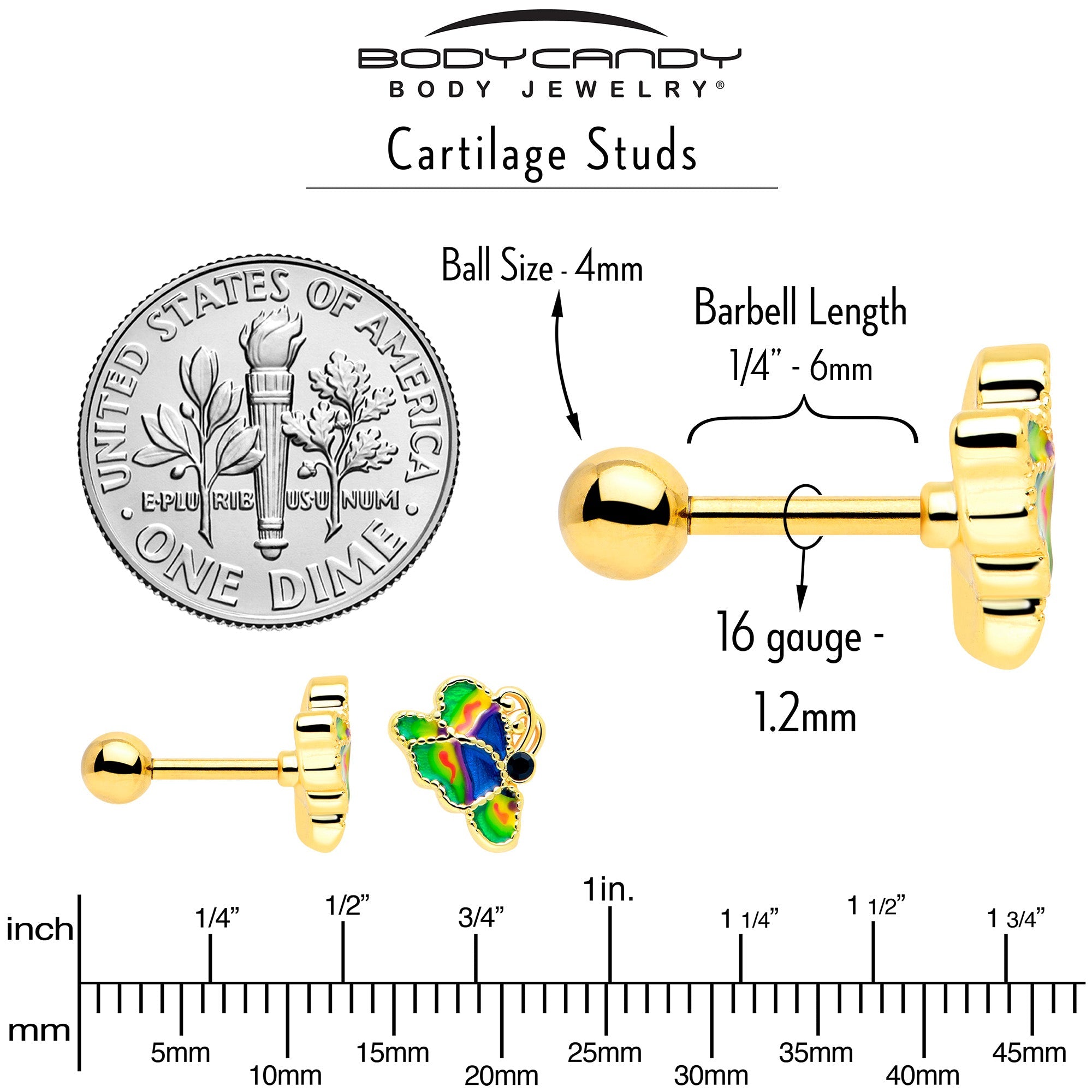 BodyCandy 16G 1/4 Blue Gem Gold Tone Butterfly Colors Cartilage Tragus Earring — back view