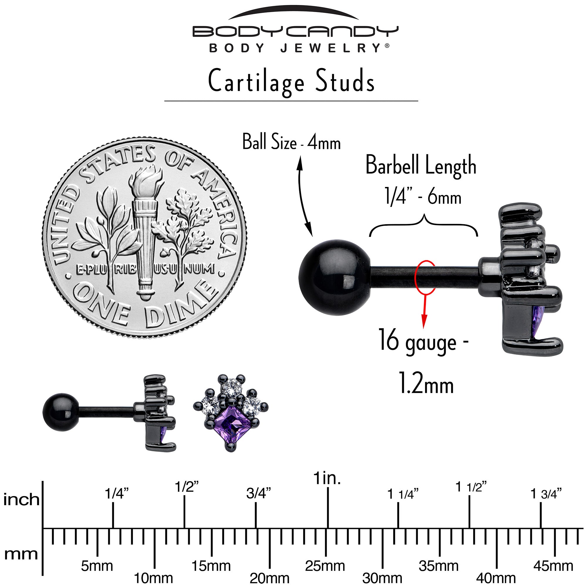 BodyCandy 16G 1/4 Purple CZ Gem Black Rhombus Riot Cartilage Tragus Earring — back view