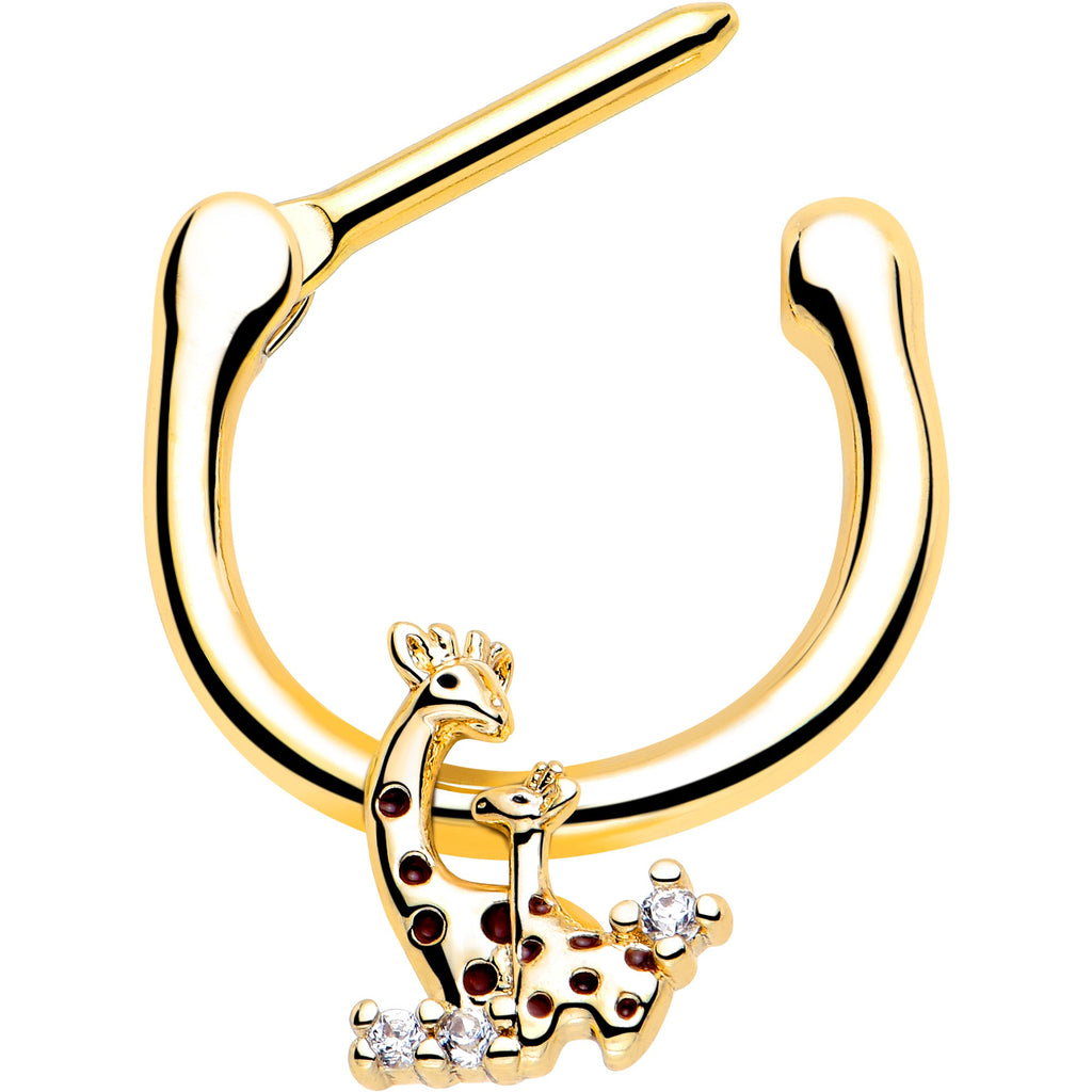 BodyCandy 16G 5/16 Clear CZ Gem Gold Tone Mom Baby Giraffe Cartilage Clicker — detail close-up