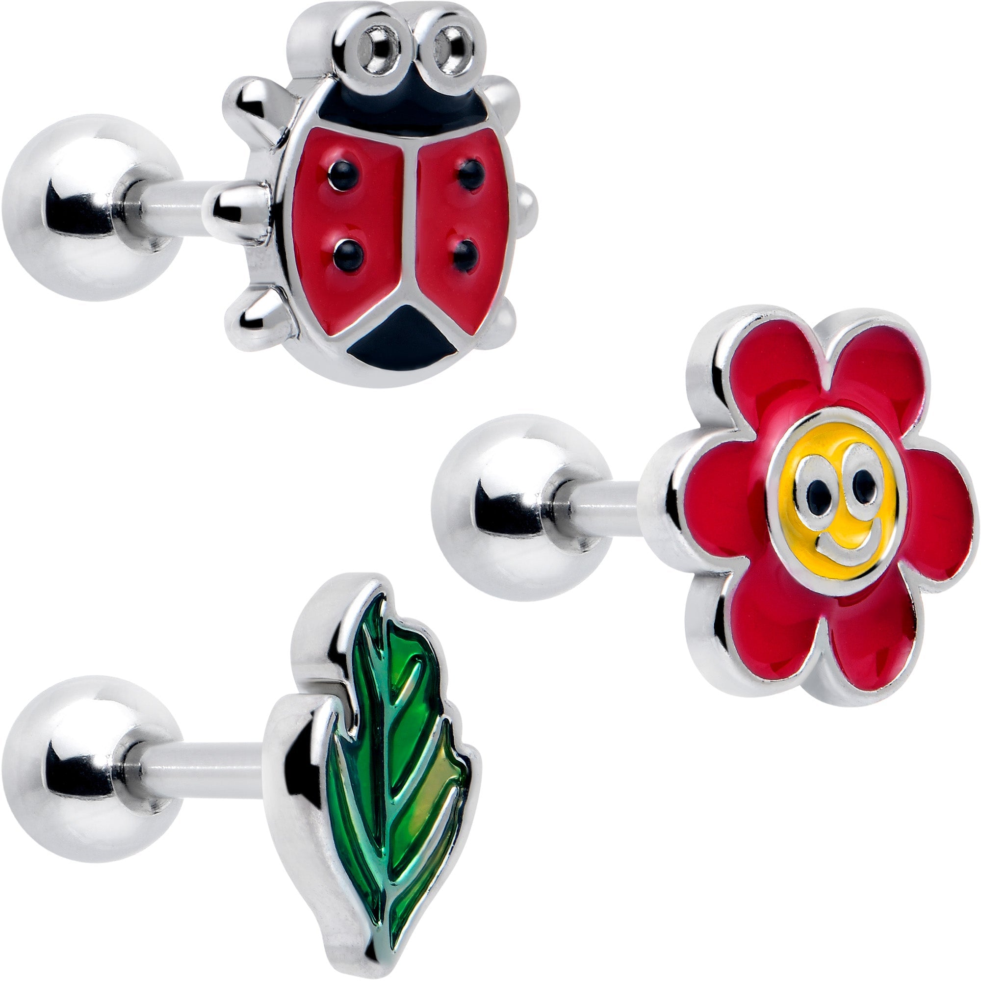 BodyCandy 16G 1/4 Ladybug Hippie Flower Cartilage Tragus Earring Set of 3 — main product shot