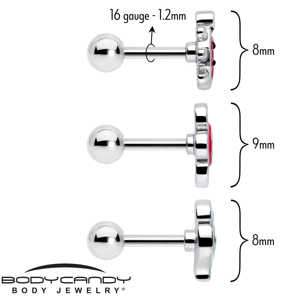 BodyCandy 16G 1/4 Ladybug Hippie Flower Cartilage Tragus Earring Set of 3 — detail close-up