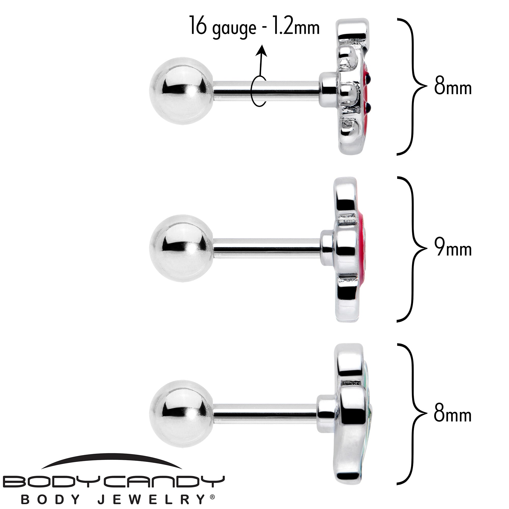 BodyCandy 16G 1/4 Ladybug Hippie Flower Cartilage Tragus Earring Set of 3 — detail close-up